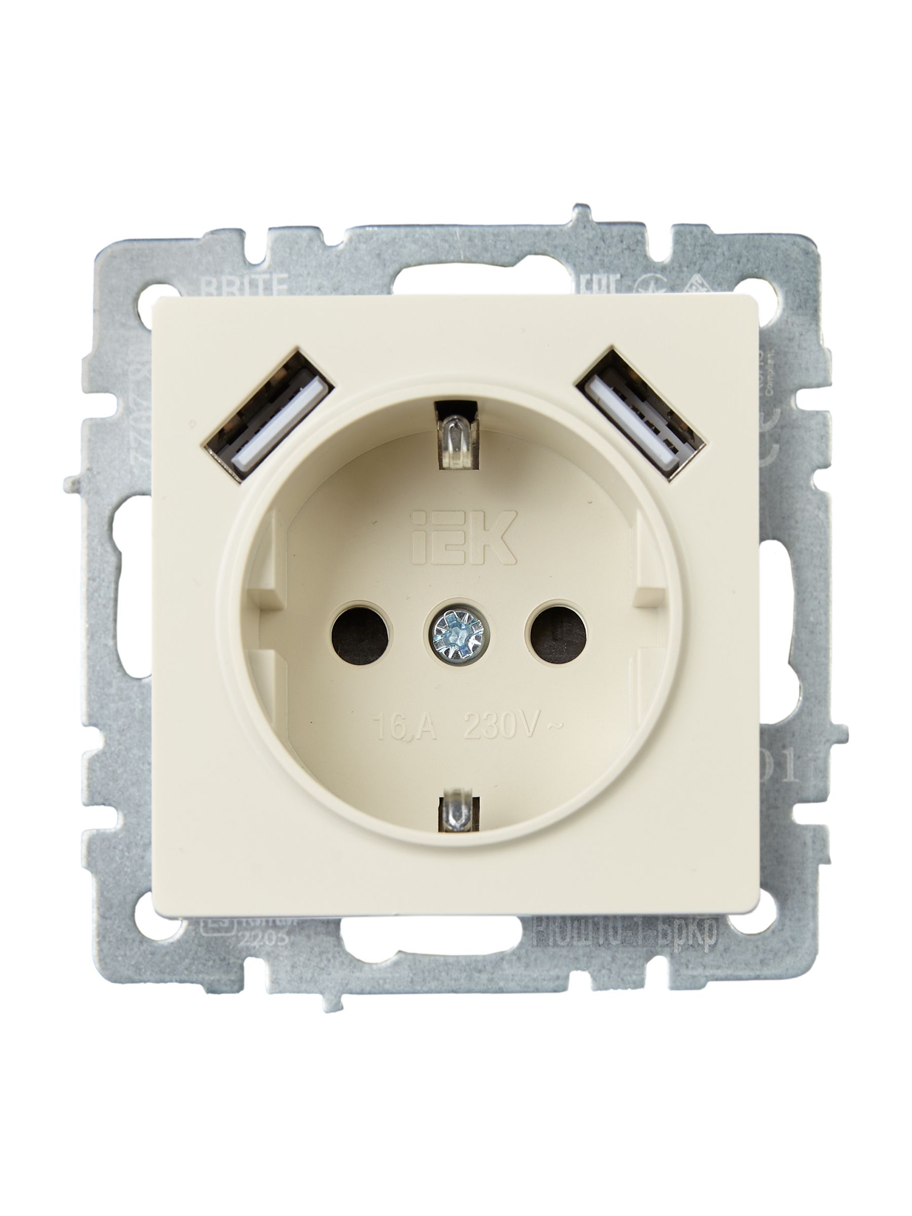 BRITE Розетка 1-местная с заземлением с защитными шторками 16А с USB A+A 5В 2,1А РЮш10-1-БрКр бежевый IEK — фото