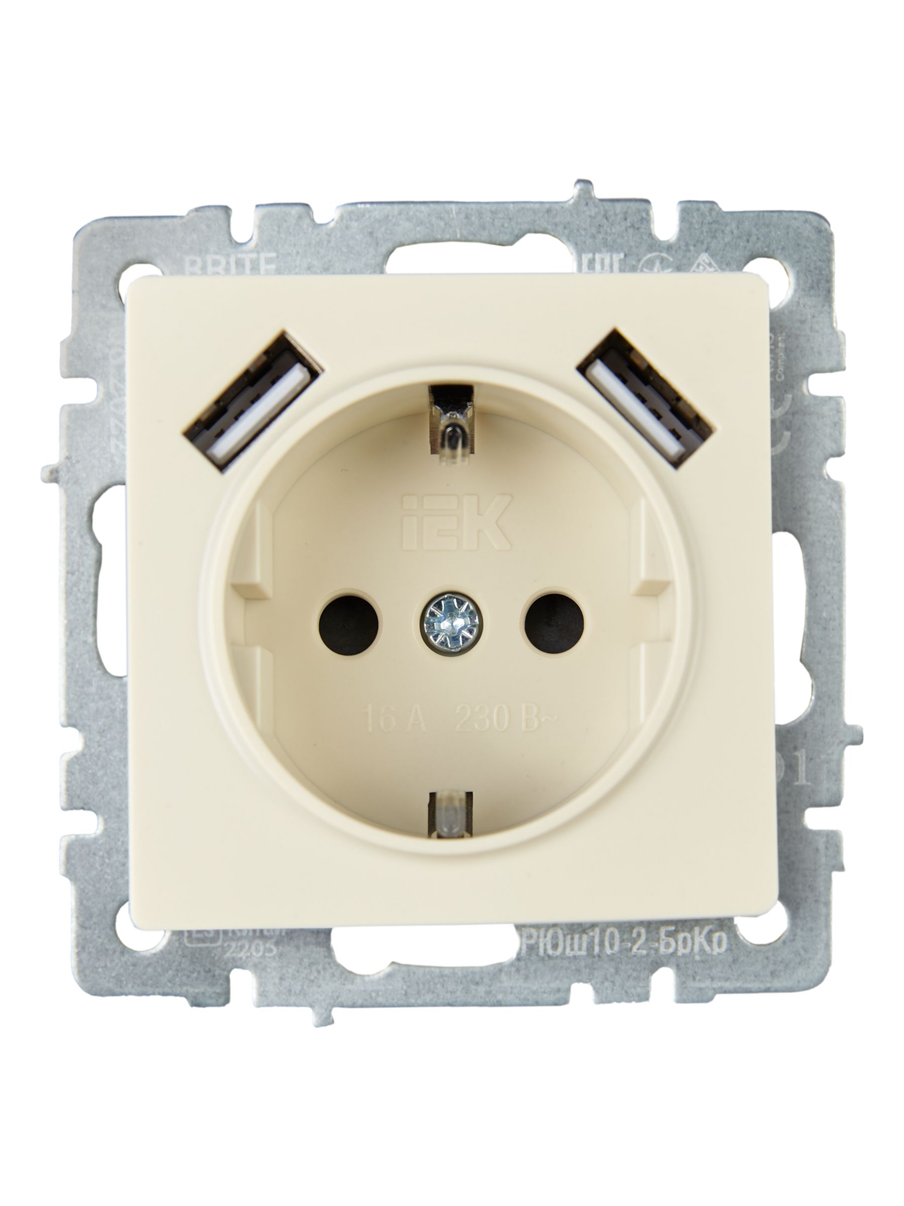 BRITE Розетка 1-местная с заземлением с защитными шторками 16А с USB A+A 5В 3,1А РЮш10-2-БрКр бежевый IEK — фото