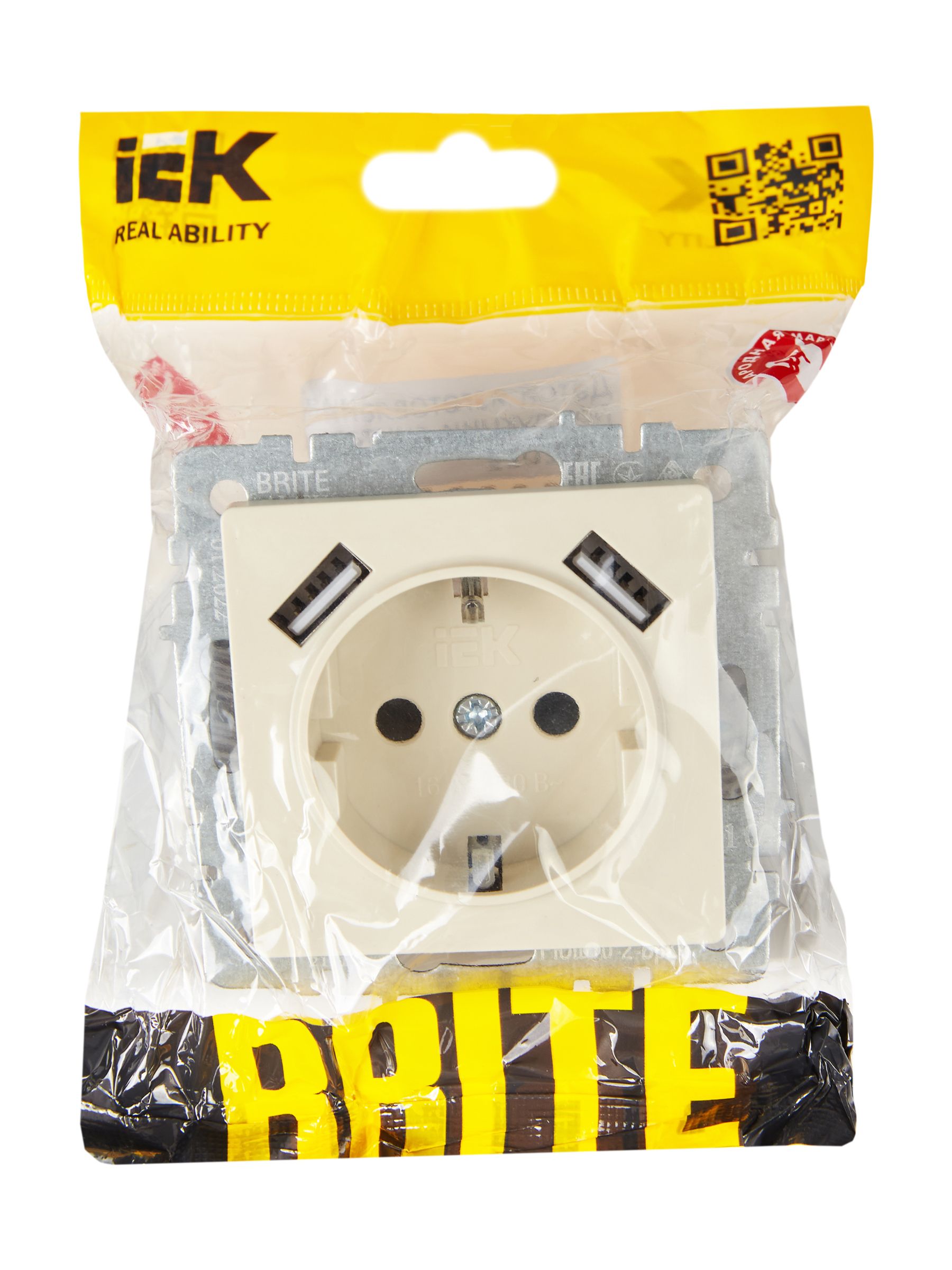 BRITE Розетка 1-местная с заземлением с защитными шторками 16А с USB A+A 5В 3,1А РЮш10-2-БрКр бежевый IEK — фото