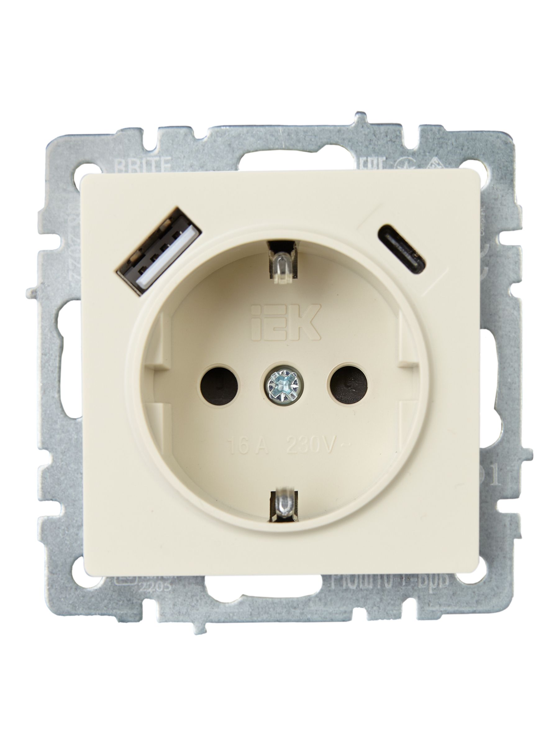 BRITE Розетка 1-местная с заземлением с защитными шторками 16А с USB A+C 18Вт РЮш11-1-БрКр бежевый IEK — фото