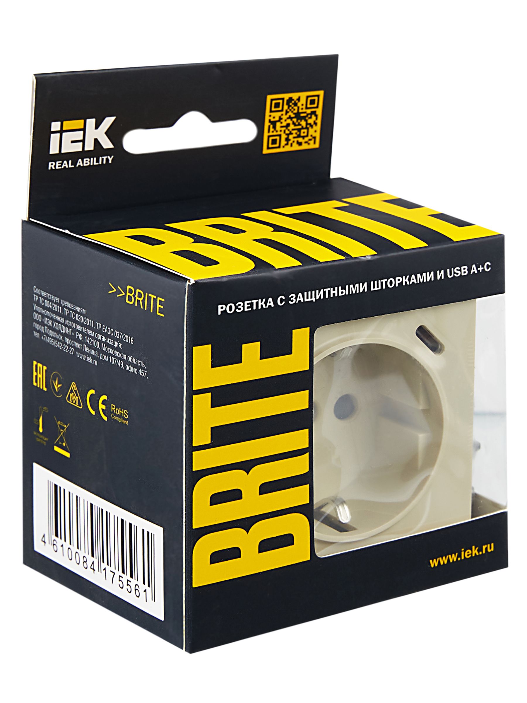 BRITE Розетка 1-местная с заземлением с защитными шторками 16А с USB A+C 18Вт РЮш11-1-БрКр бежевый IEK — фото