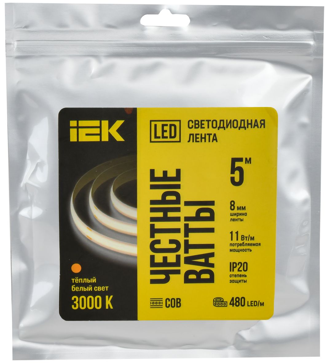 Лента светодиодная 5м COB 480LED/м 11Вт/м IP20 ширина 8мм 24В теплый белый IEK — фото