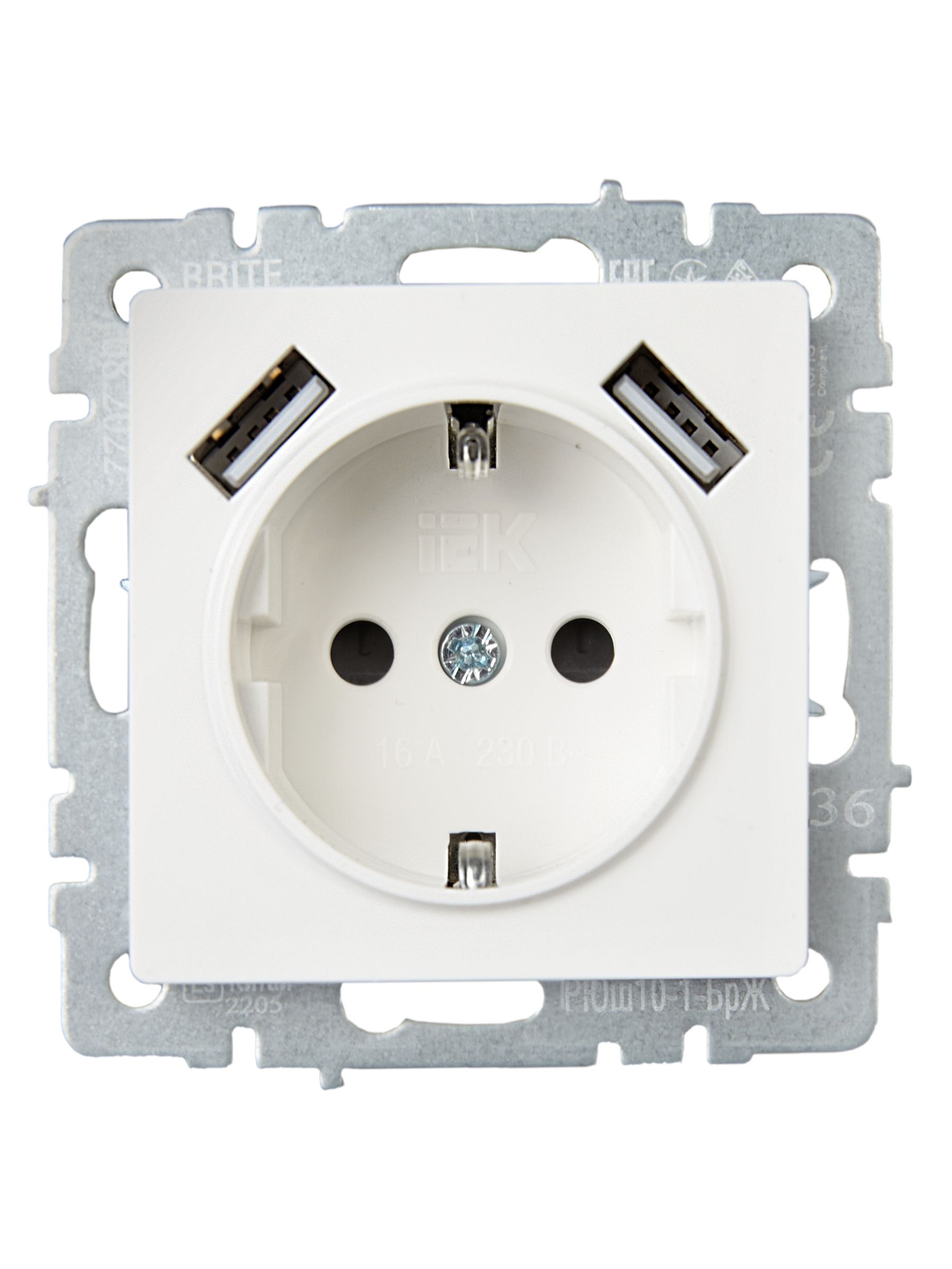 BRITE Розетка 1-местная с заземлением с защитными шторками 16А с USB A+A 5В 2,1А РЮш10-1-БрЖ жемчуг IEK — фото