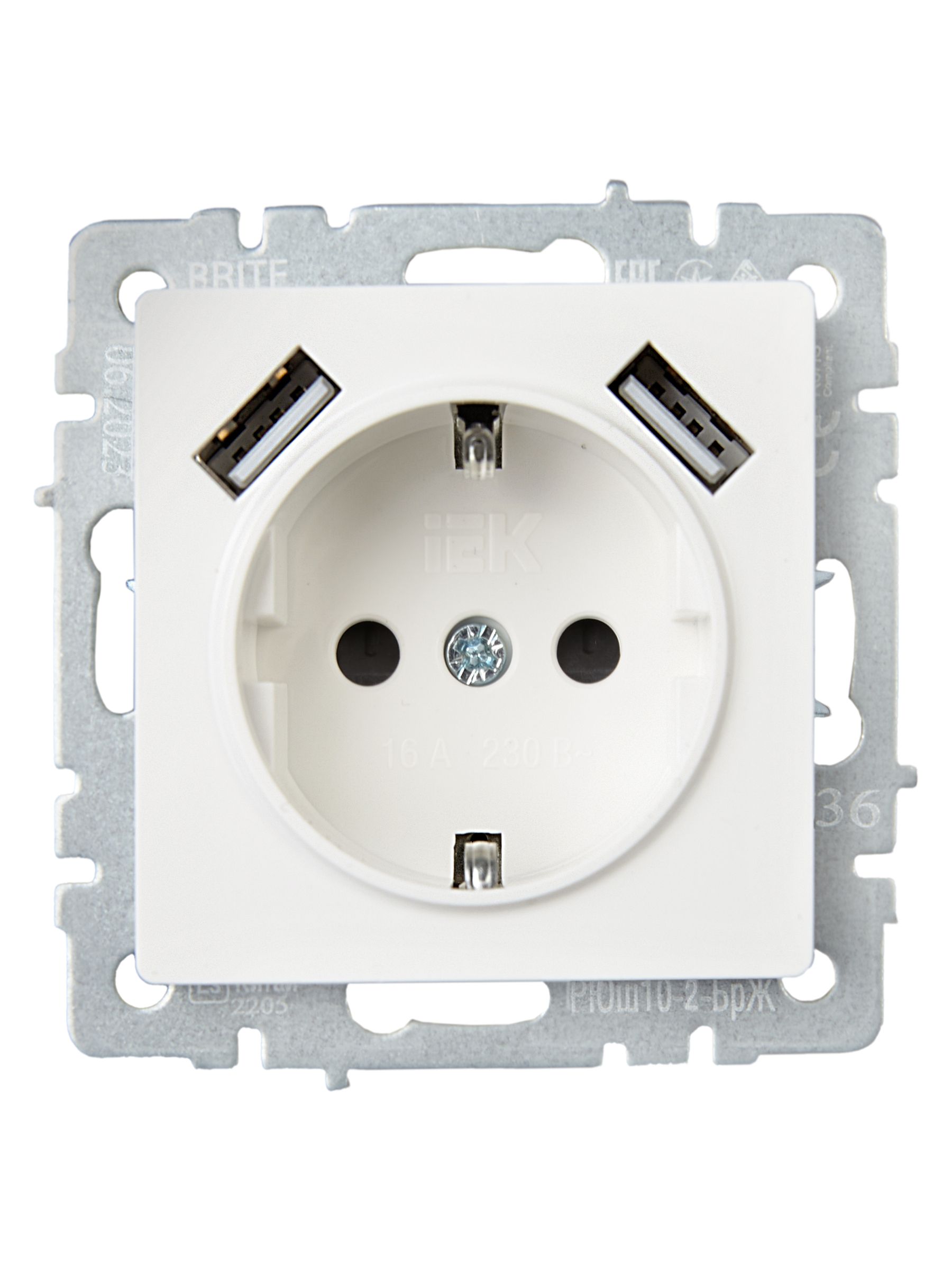 BRITE Розетка 1-местная с заземлением с защитными шторками 16А с USB A+A 5В 3,1А РЮш10-2-БрЖ жемчуг IEK — фото