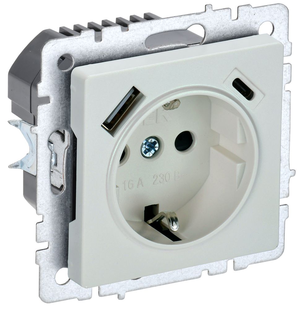 BRITE Розетка 1-местная с заземлением с защитными шторками 16А с USB A+C 18Вт РЮш11-1-БрЖ жемчуг IEK — фото