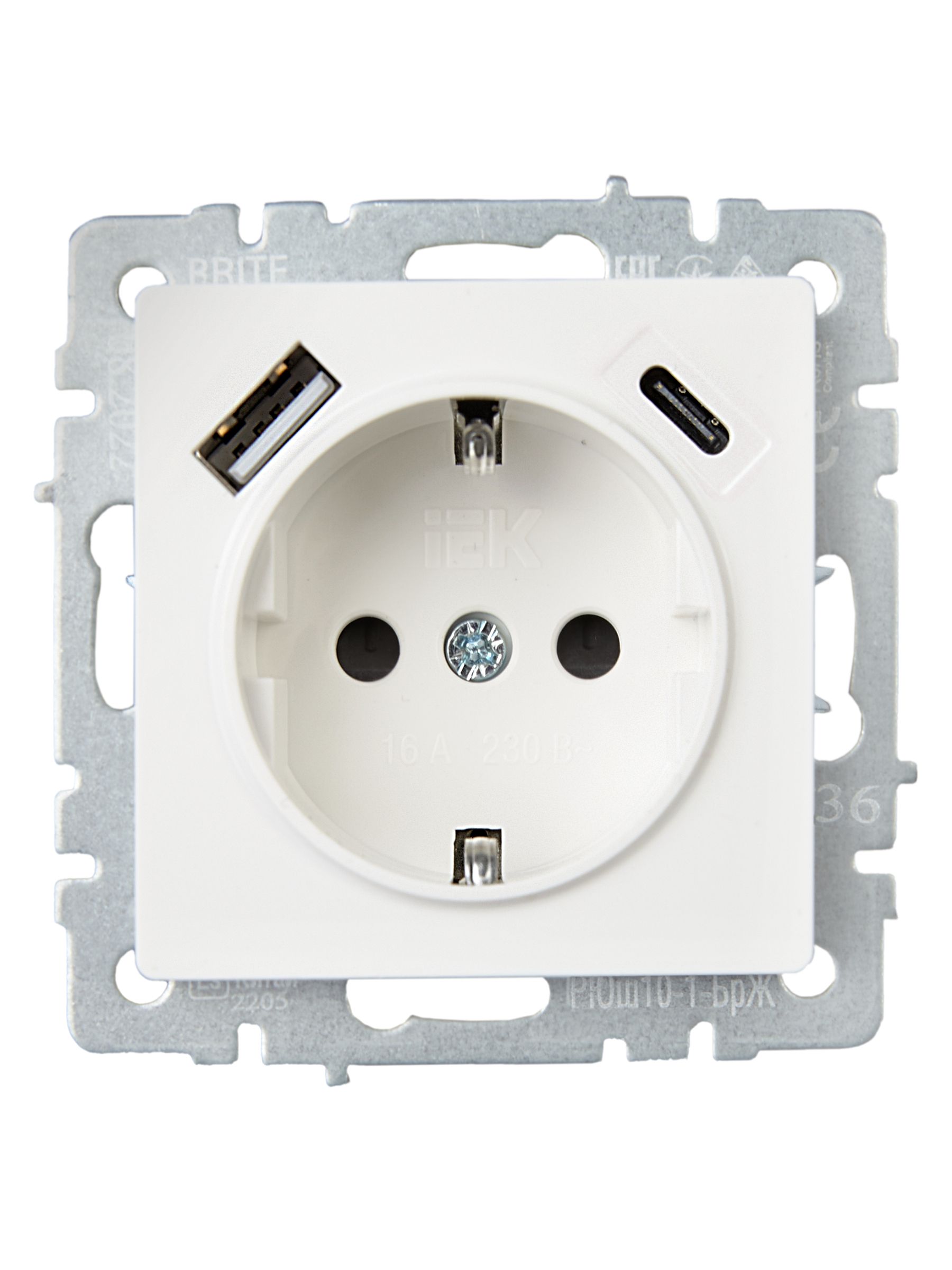 BRITE Розетка 1-местная с заземлением с защитными шторками 16А с USB A+C 18Вт РЮш11-1-БрЖ жемчуг IEK — фото
