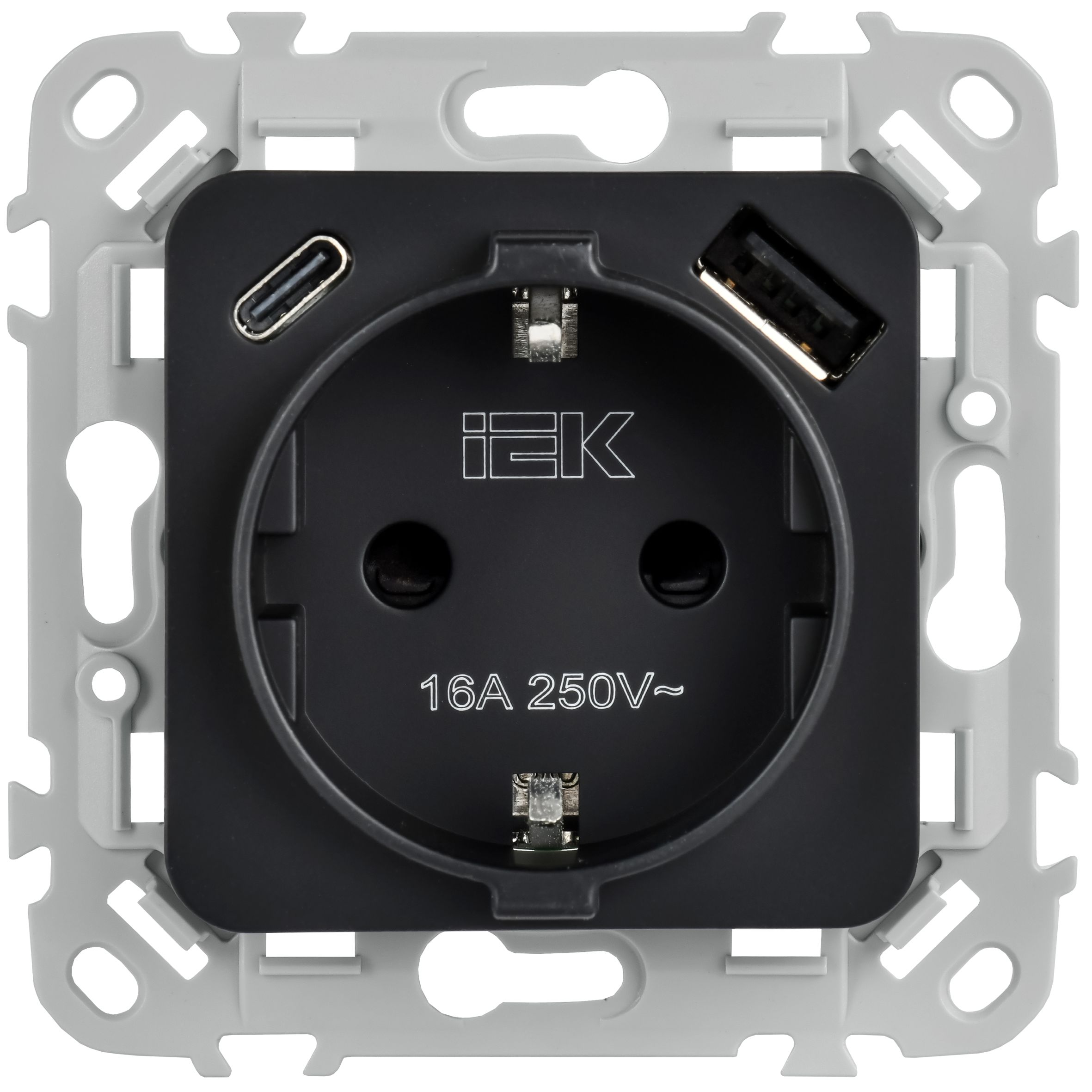 FLITE Розетка 1-местная с заземлением с защитными шторками 16А с USB A+C 20Вт безвинтовое крепление РСЮшс11-1-ФлЧ черный IEK — фото