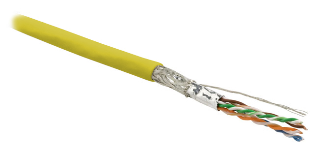 Hyperline SFUTP4-C6-P26-IN-LSZH-YL-305 (305 м) Кабель витая пара, экранированный SF/UTP, общий экран оплетка и фольга, категория 6, 4 пары 26 AWG, 4х2х0,48 мм, многопроволочные жилы, LSZH, нг(А)-HF, внутренний -40°C – +75°C, желтый
