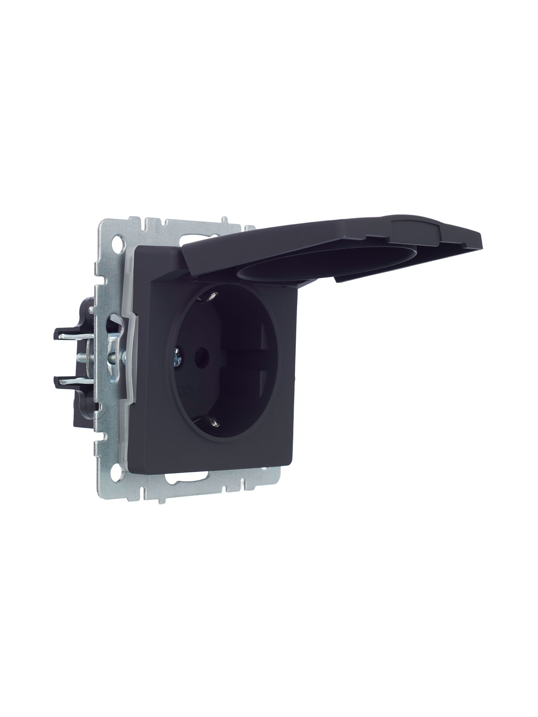 BRITE Розетка 1-местная с заземлением с защитными шторками и крышкой 16А IP44 РСбш10-3-44-БрГ графит IEK — фото
