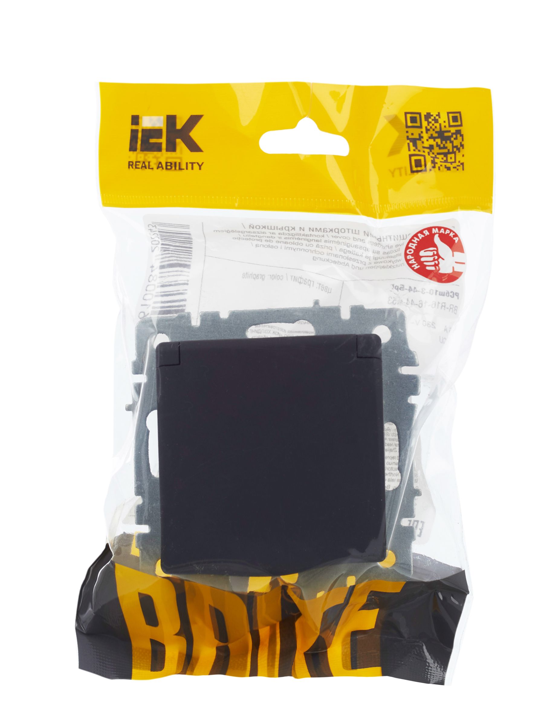 BRITE Розетка 1-местная с заземлением с защитными шторками и крышкой 16А IP44 РСбш10-3-44-БрГ графит IEK — фото