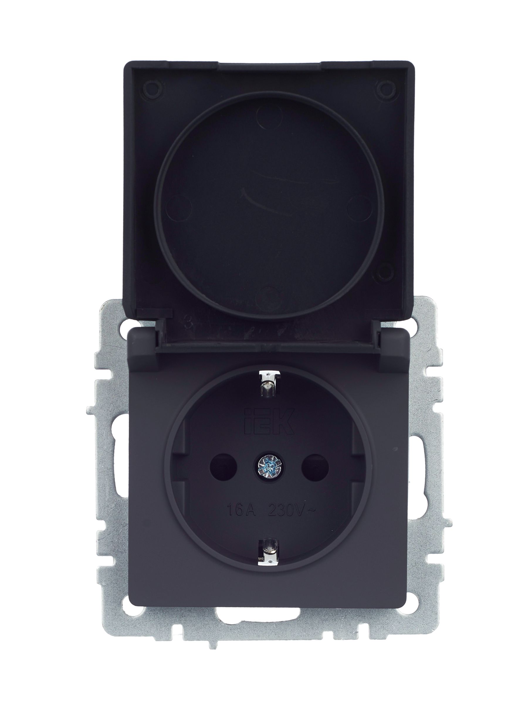 BRITE Розетка 1-местная с заземлением с защитными шторками и крышкой 16А IP44 РСбш10-3-44-БрГ графит IEK — фото