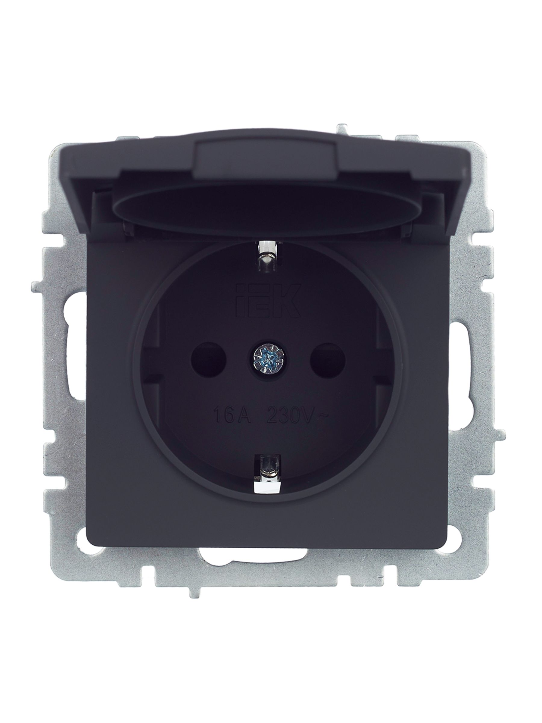 BRITE Розетка 1-местная с заземлением с защитными шторками и крышкой 16А IP44 РСбш10-3-44-БрГ графит IEK — фото