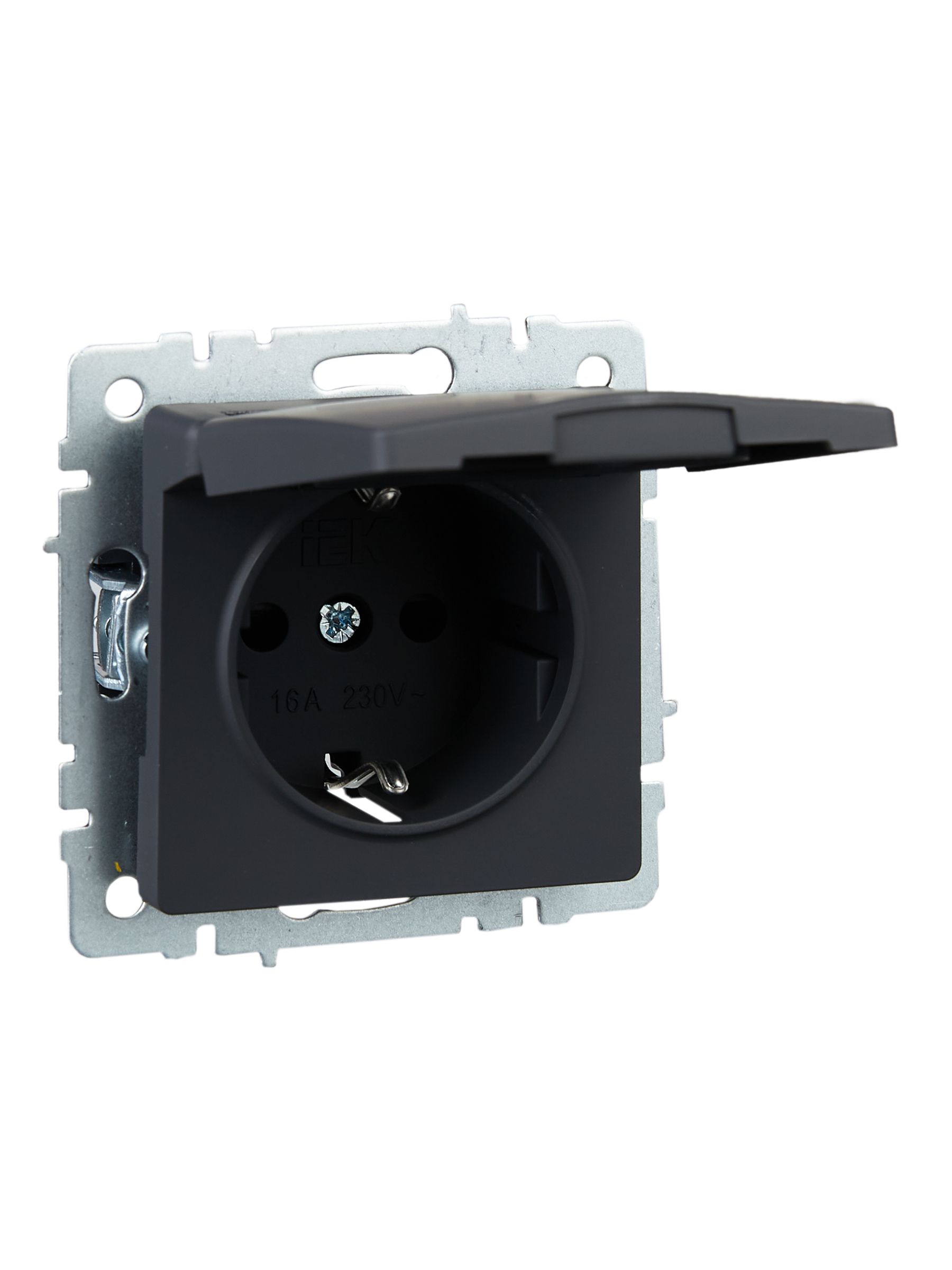 BRITE Розетка 1-местная с заземлением с защитными шторками и крышкой 16А IP20 РСбш10-3-БрГ графит IEK — фото