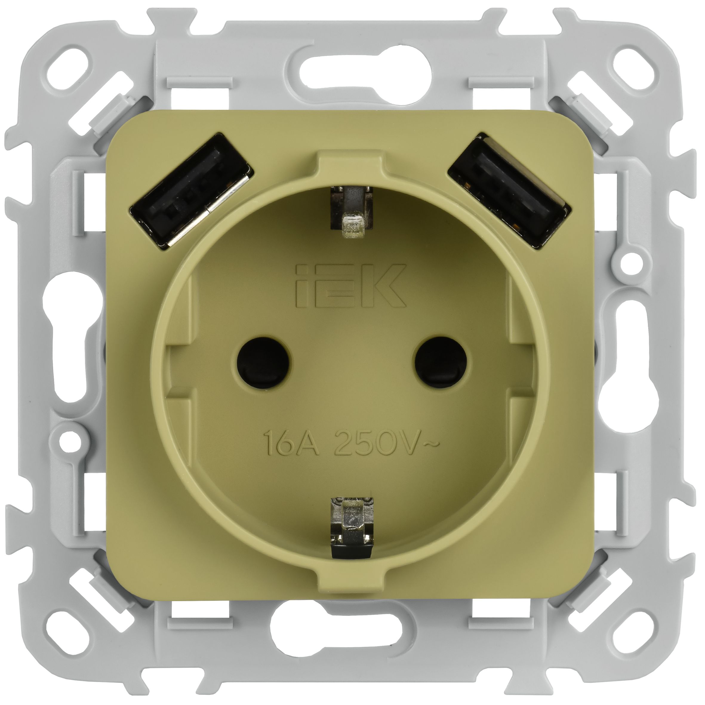 FLITE Розетка 1-местная с заземлением с защитными шторками 16А с USB A+A 3,1А безвинтовое крепление РСЮша11-1-ФлО оливковый IEK — фото