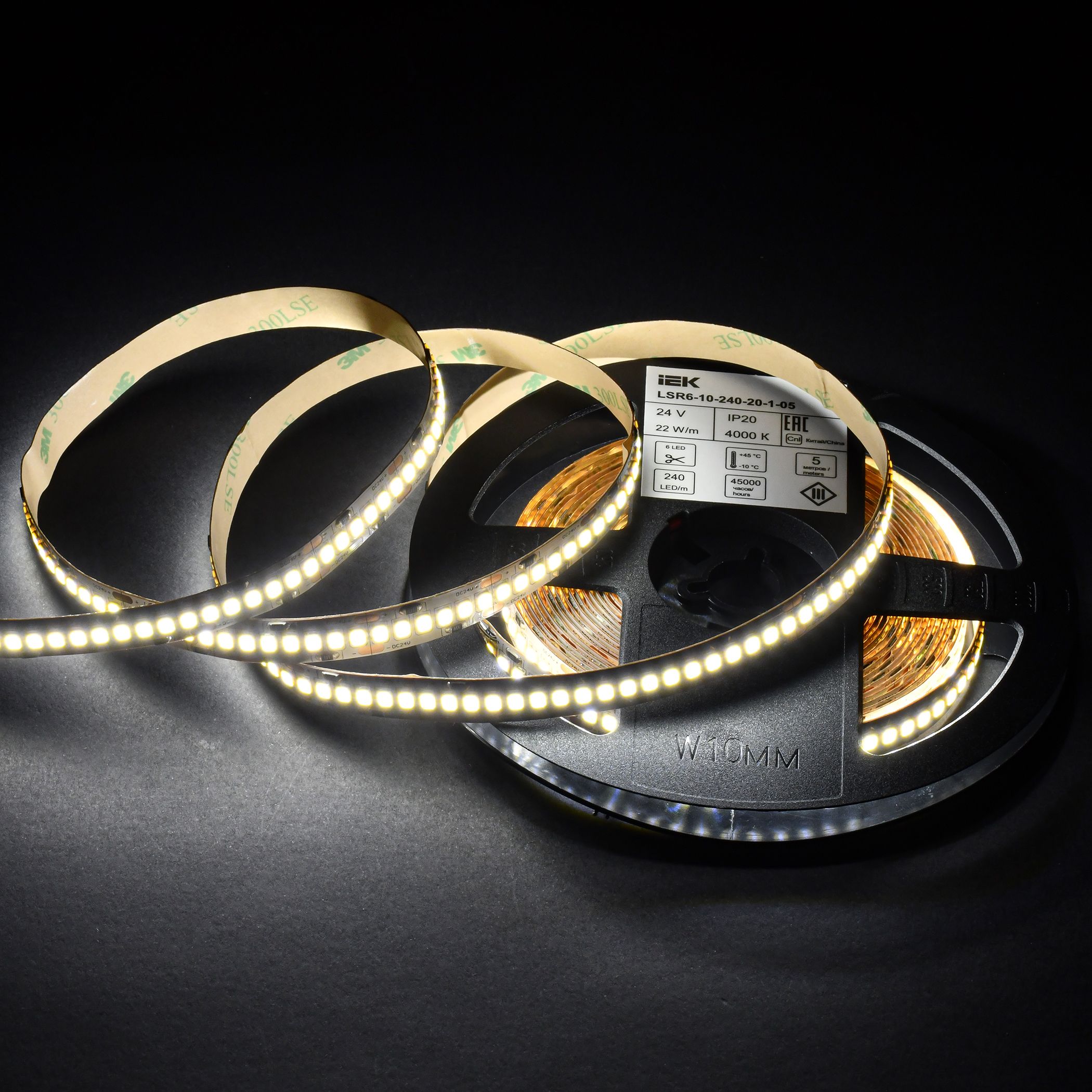 Лента светодиодная 5м SMD2835 240LED/м 22Вт/м IP20 ширина 10мм 24В нейтральный белый IEK — фото