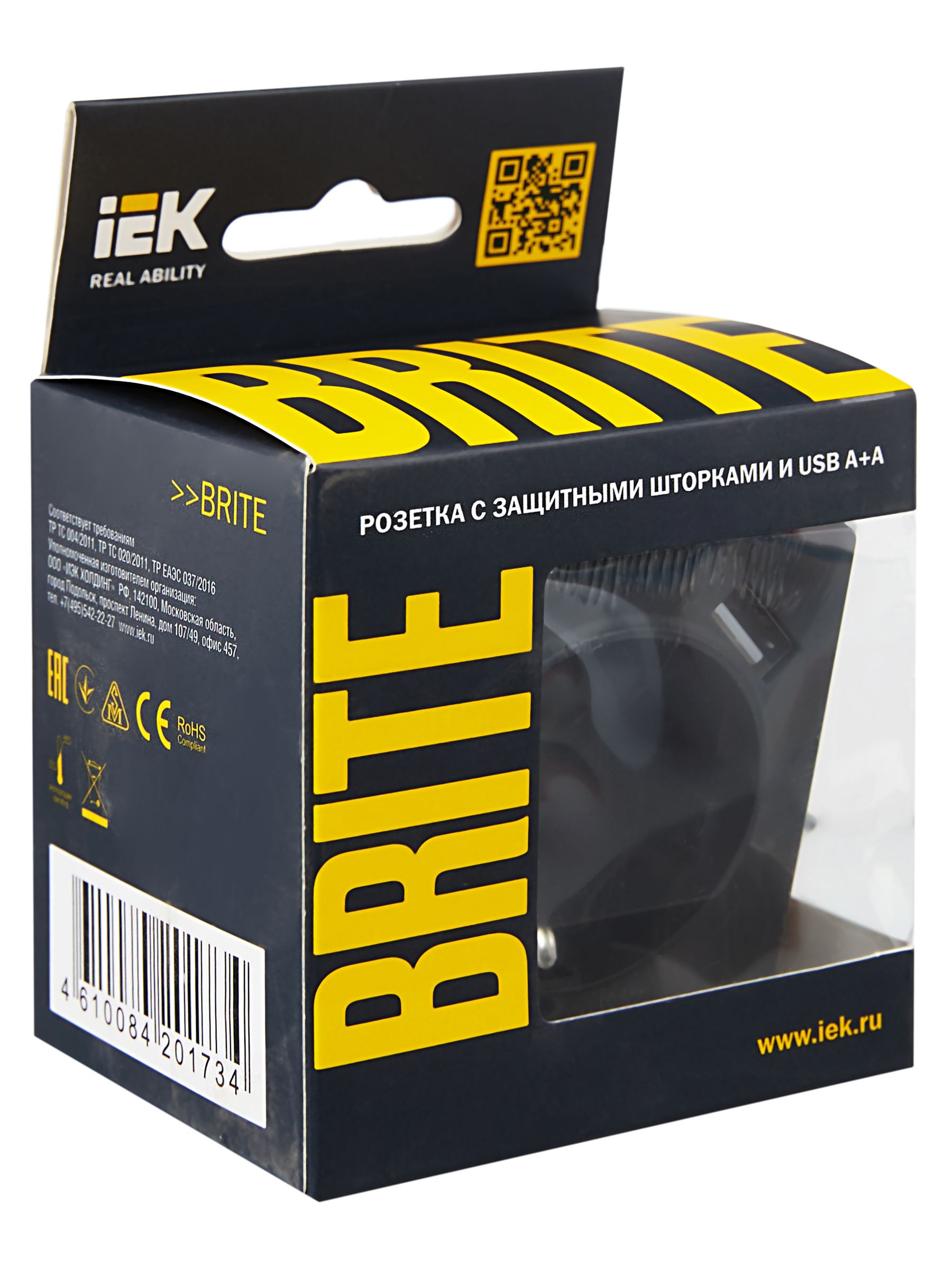 BRITE Розетка 1-местная с заземлением с защитными шторками 16А с USB A+A 5В 2,1А РЮш10-1-БрГ графит IEK — фото