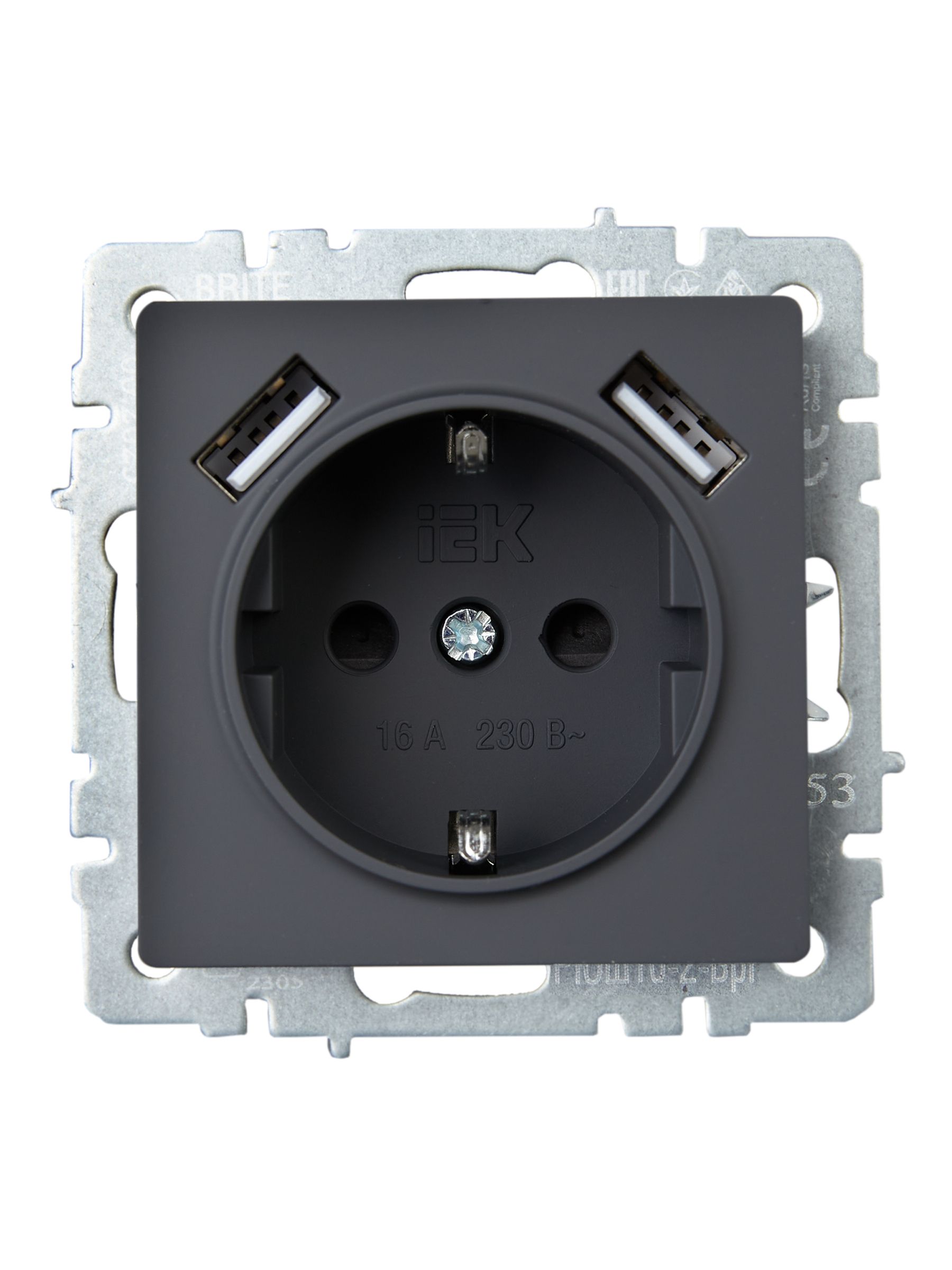 BRITE Розетка 1-местная с заземлением с защитными шторками 16А с USB A+A 5В 3,1А РЮш10-2-БрГ графит IEK — фото