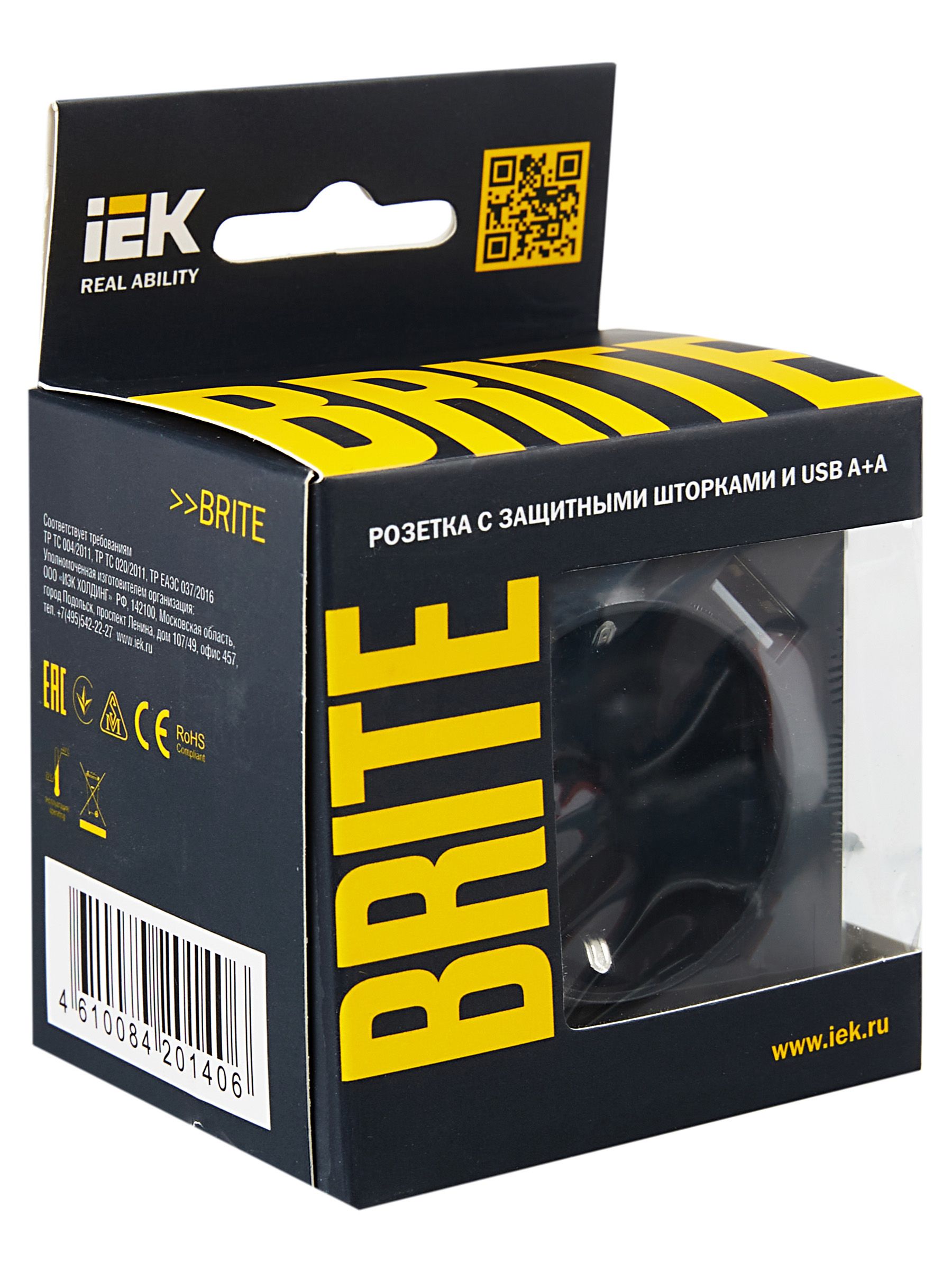 BRITE Розетка 1-местная с заземлением с защитными шторками 16А с USB A+A 5В 3,1А РЮш10-2-БрГ графит IEK — фото