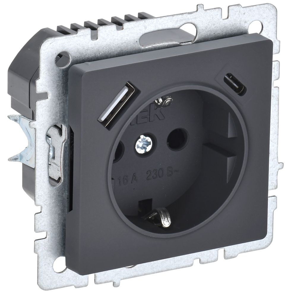 BRITE Розетка 1-местная с заземлением с защитными шторками 16А с USB A+C 18Вт РЮш11-1-БрГ графит IEK — фото