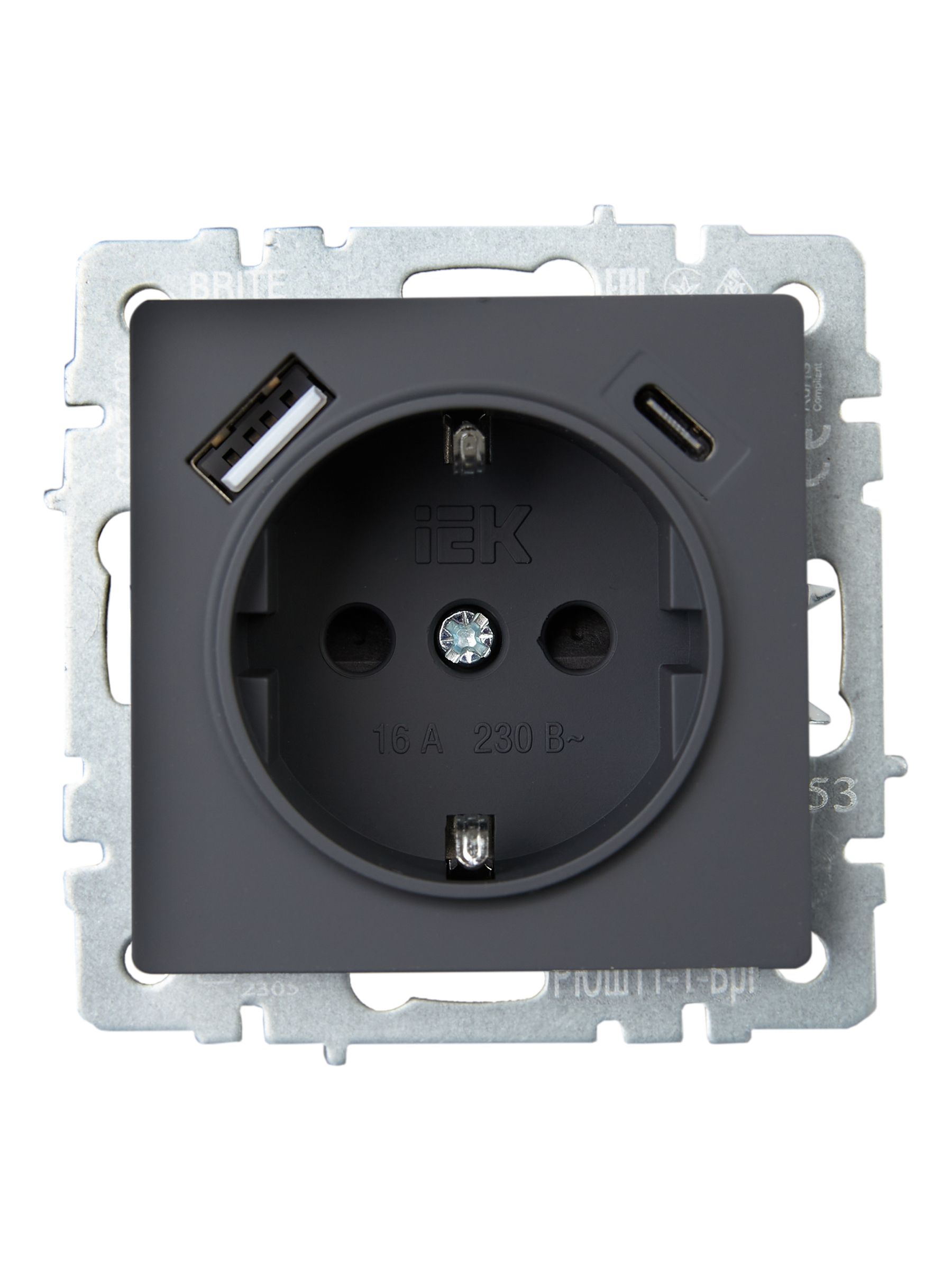 BRITE Розетка 1-местная с заземлением с защитными шторками 16А с USB A+C 18Вт РЮш11-1-БрГ графит IEK — фото