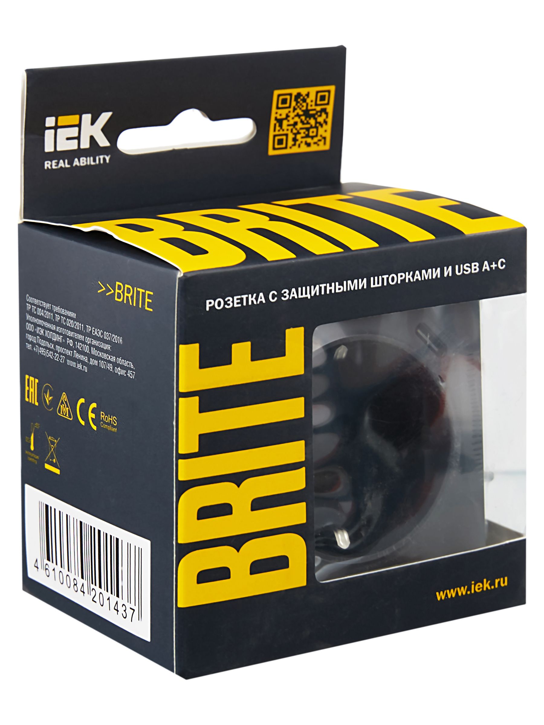 BRITE Розетка 1-местная с заземлением с защитными шторками 16А с USB A+C 18Вт РЮш11-1-БрГ графит IEK — фото