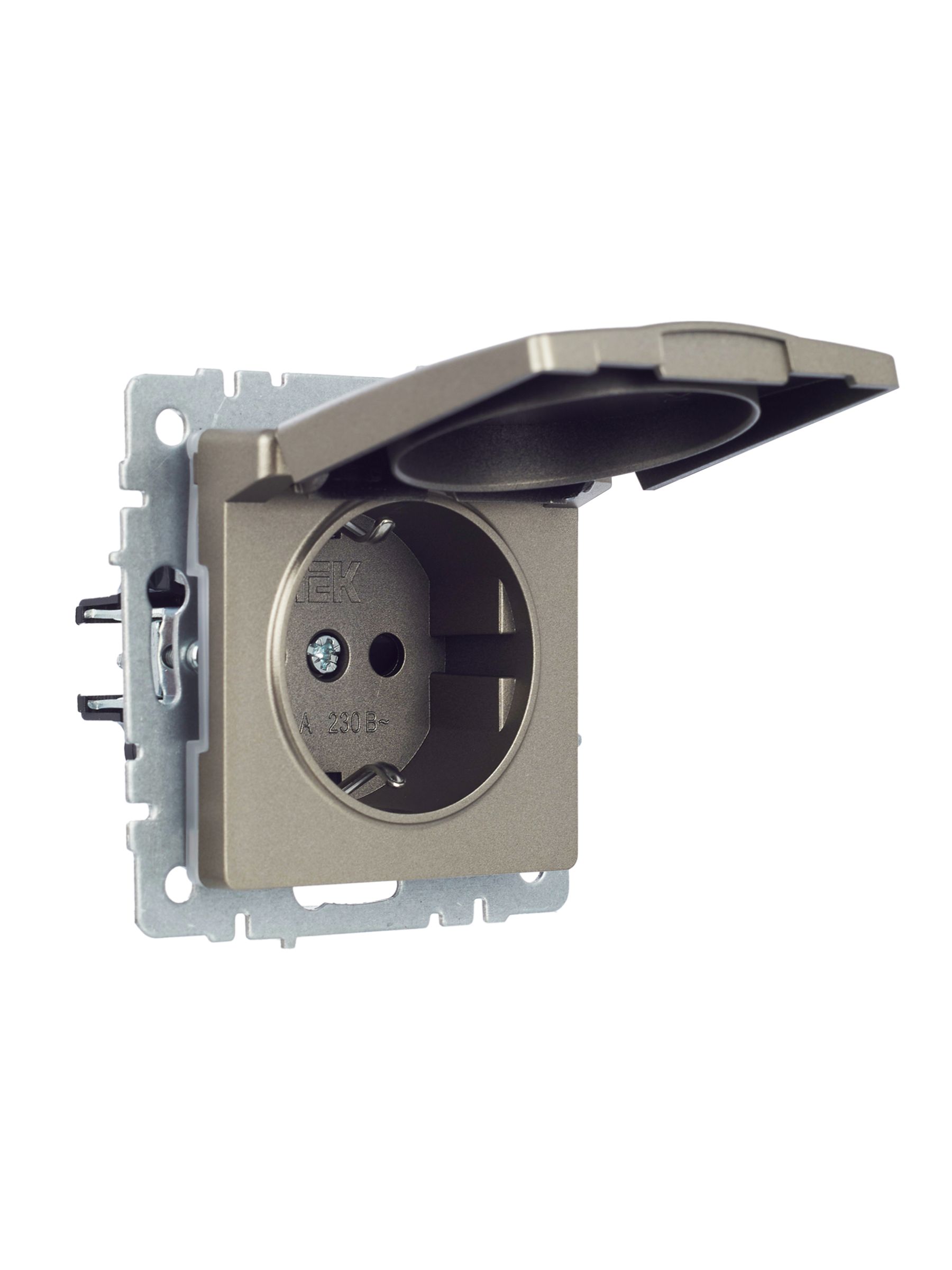 BRITE Розетка 1-местная с заземлением с защитными шторками и крышкой 16А IP44 РСбш10-3-44-БрШ шампань IEK — фото