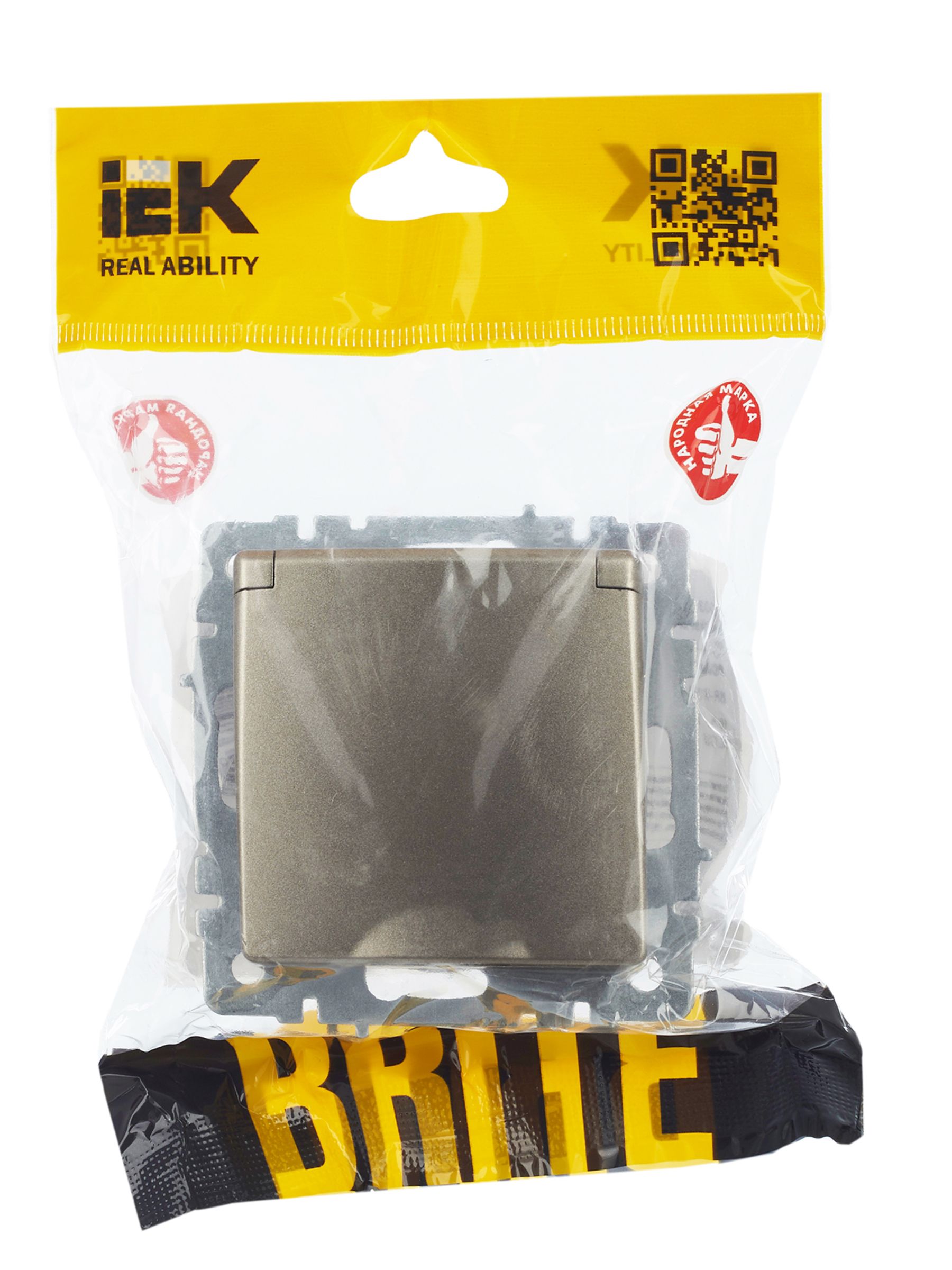 BRITE Розетка 1-местная с заземлением с защитными шторками и крышкой 16А IP44 РСбш10-3-44-БрШ шампань IEK — фото