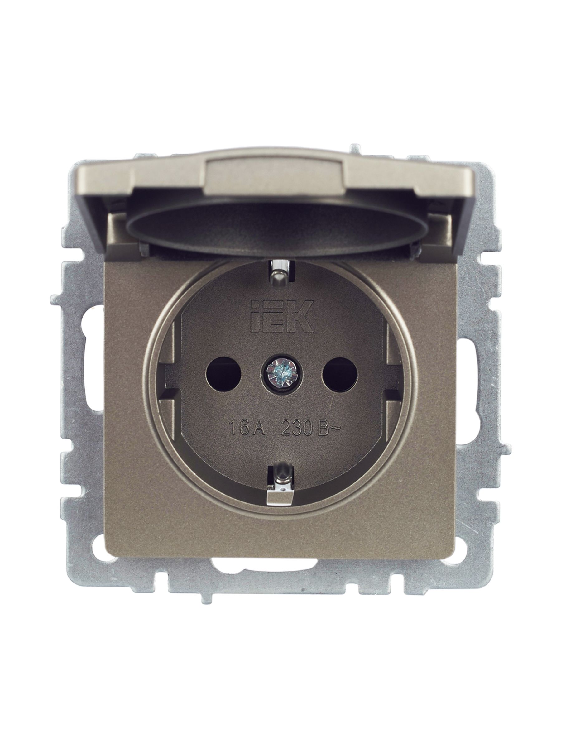 BRITE Розетка 1-местная с заземлением с защитными шторками и крышкой 16А IP44 РСбш10-3-44-БрШ шампань IEK — фото