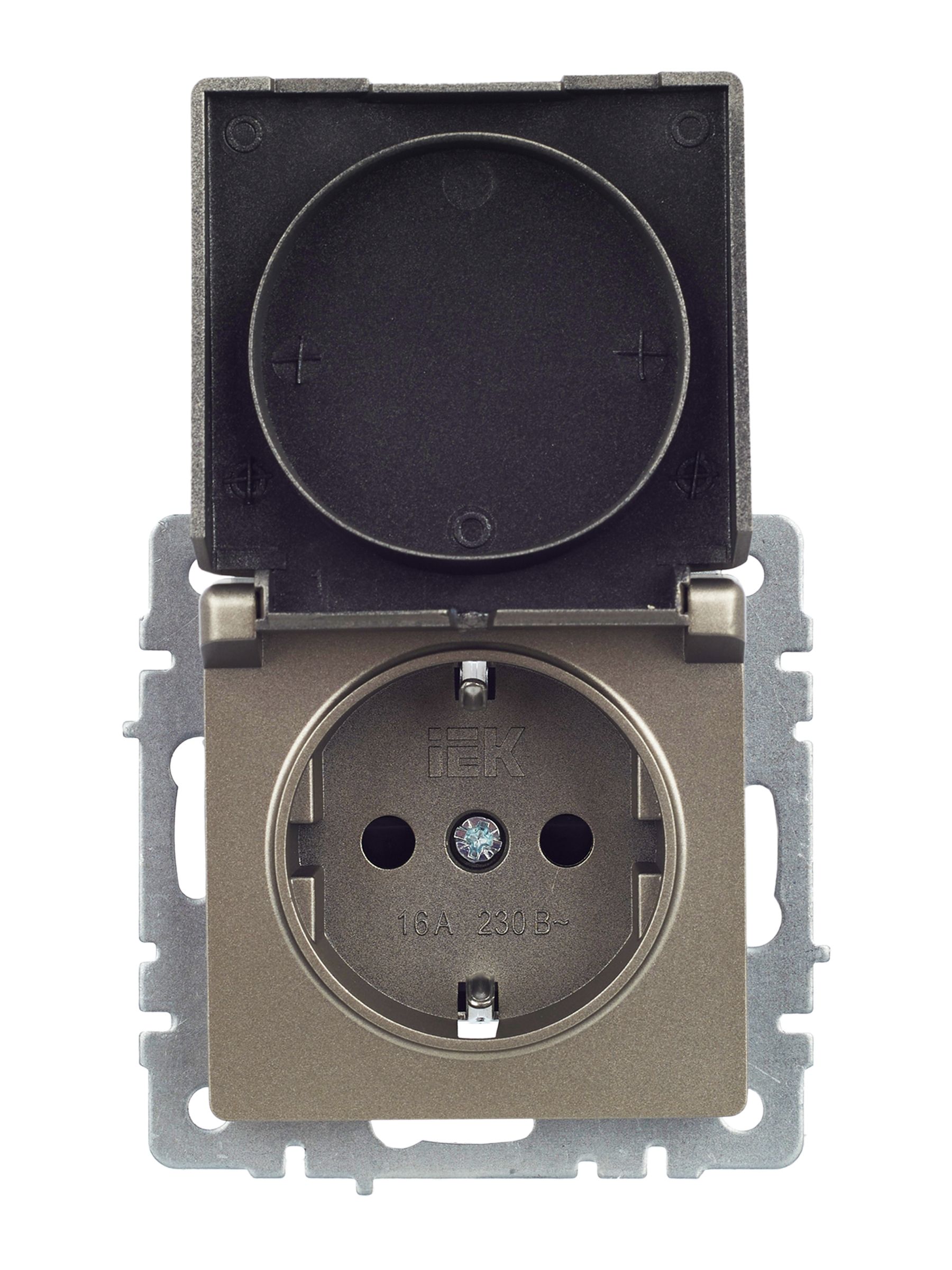 BRITE Розетка 1-местная с заземлением с защитными шторками и крышкой 16А IP44 РСбш10-3-44-БрШ шампань IEK — фото