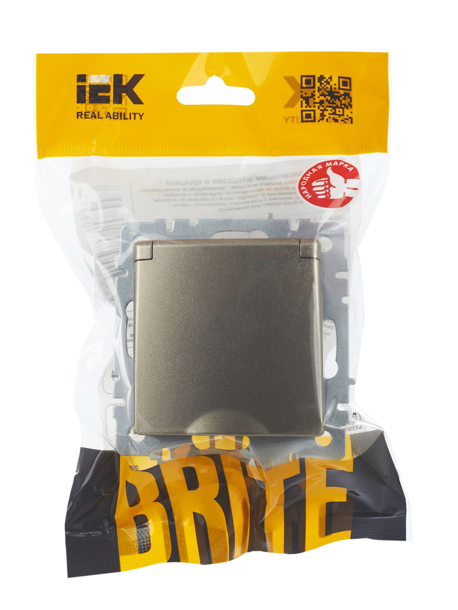 BRITE Розетка 1-местная с заземлением с защитными шторками и крышкой 16А IP20 РСбш10-3-БрШ шампань IEK — фото