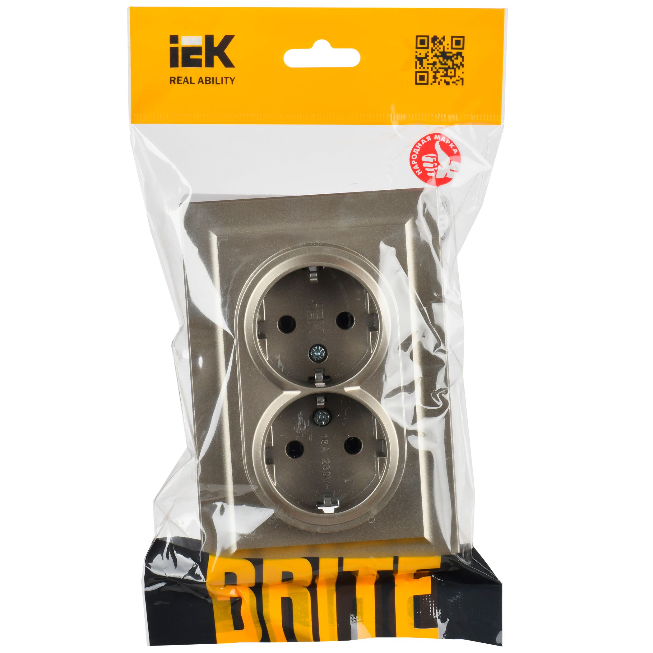BRITE Розетка 2-местная с заземлением без защитных шторок 16А в сборе РС12-3-БрШ шампань IEK — фото