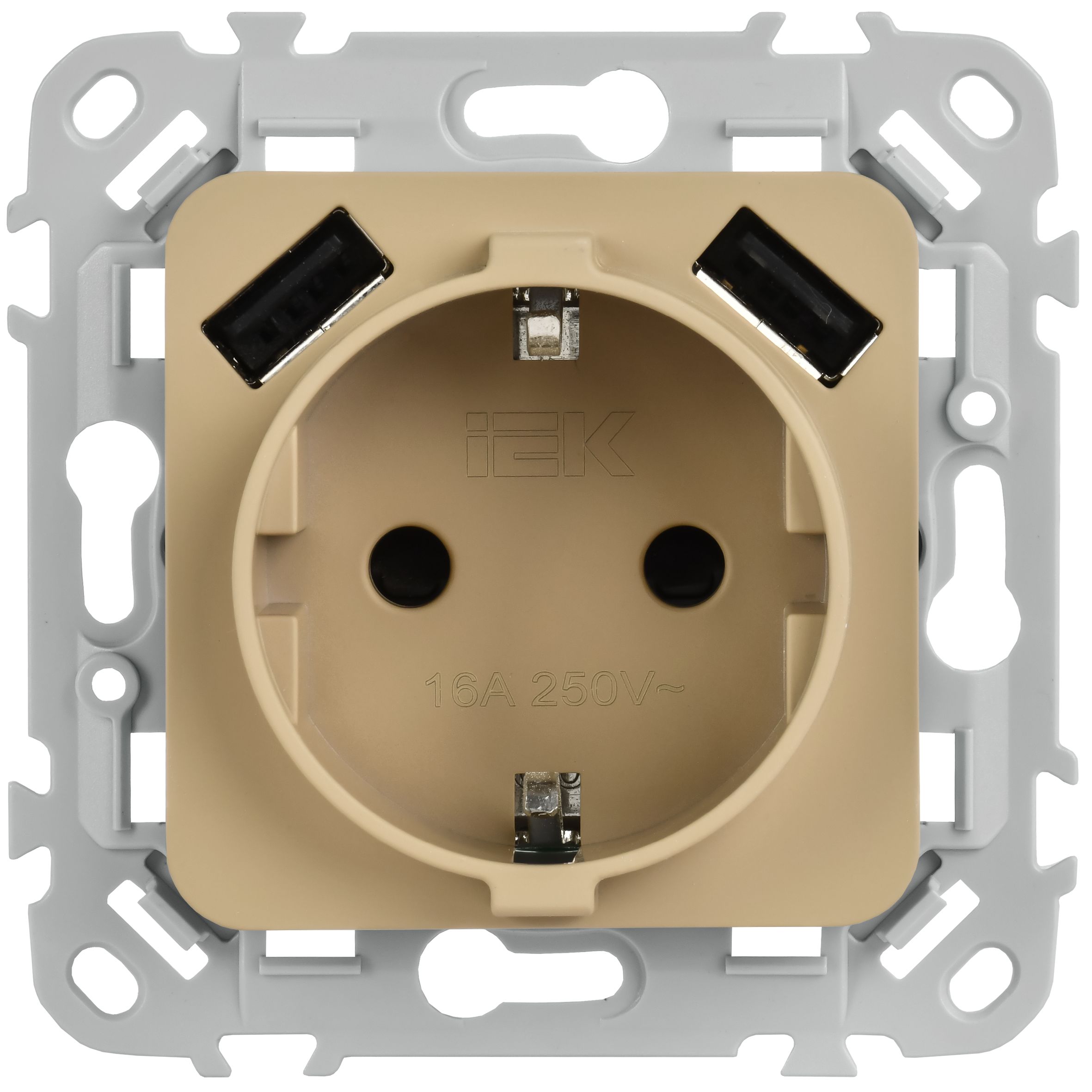 FLITE Розетка 1-местная с заземлением с защитными шторками 16А с USB A+A 3,1А безвинтовое крепление РСЮша11-1-ФлХ хаки IEK — фото