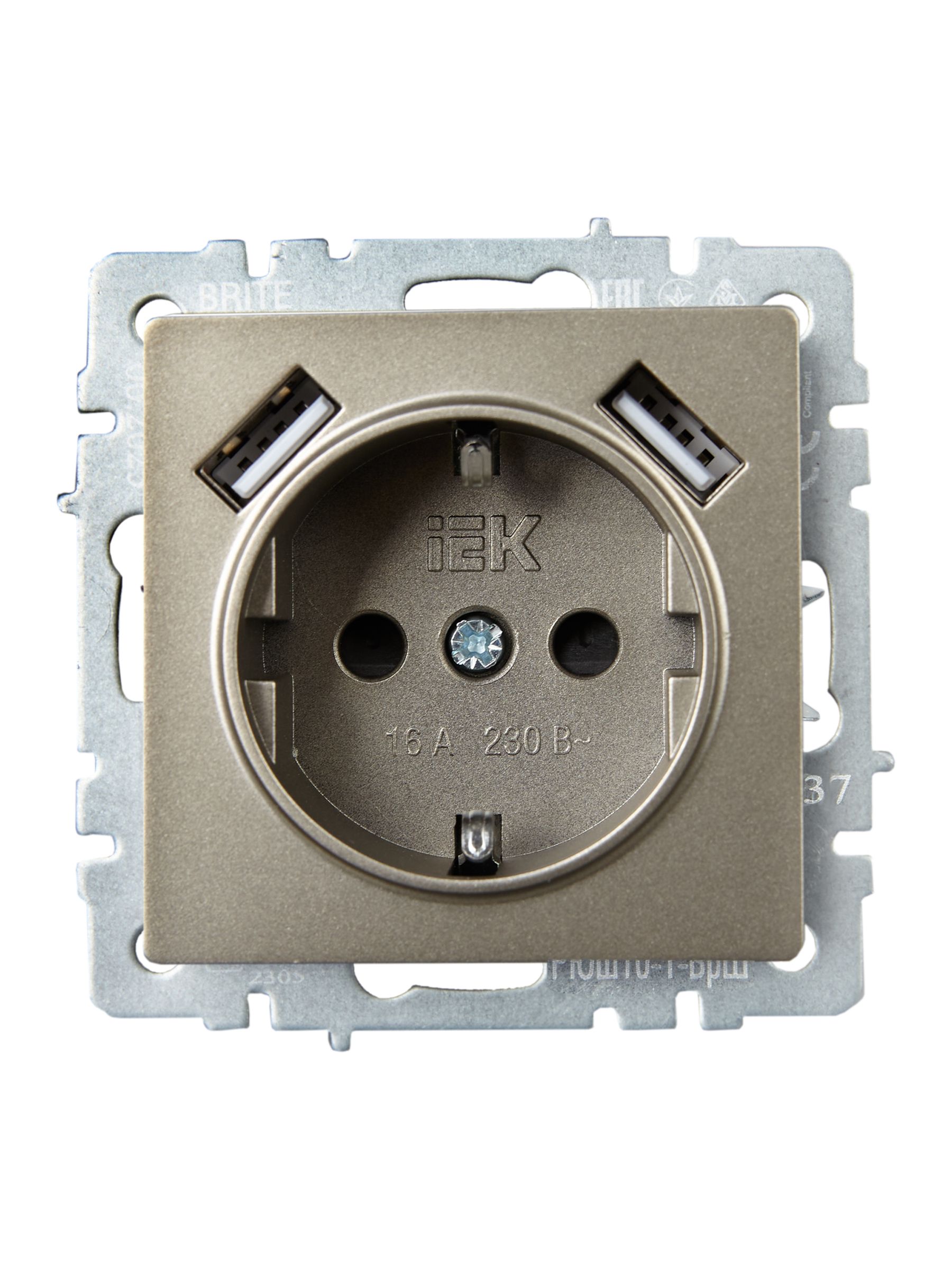 BRITE Розетка 1-местная с заземлением с защитными шторками 16А с USB A+A 5В 2,1А РЮш10-1-БрШ шампань IEK — фото