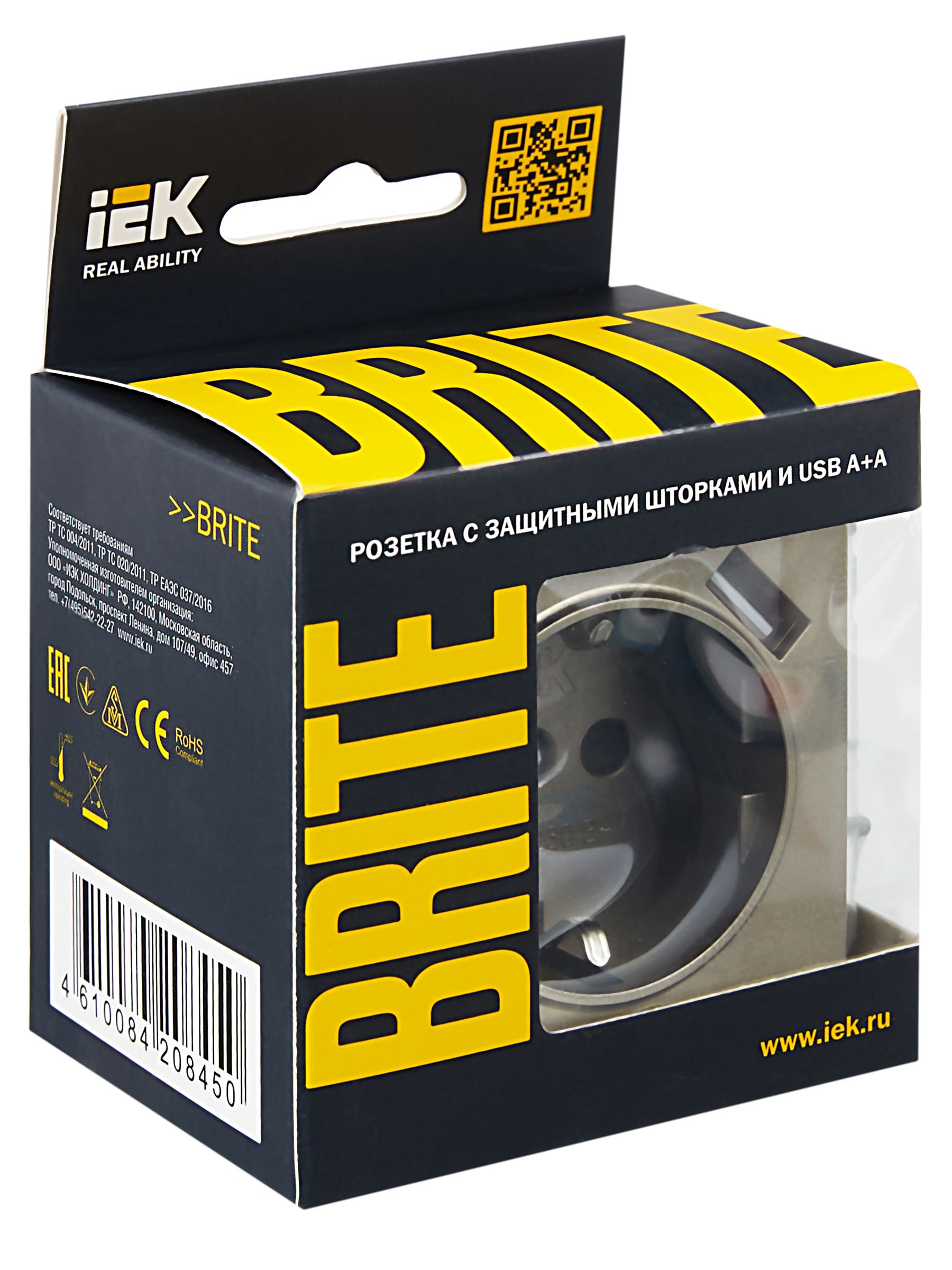 BRITE Розетка 1-местная с заземлением с защитными шторками 16А с USB A+A 5В 2,1А РЮш10-1-БрШ шампань IEK — фото