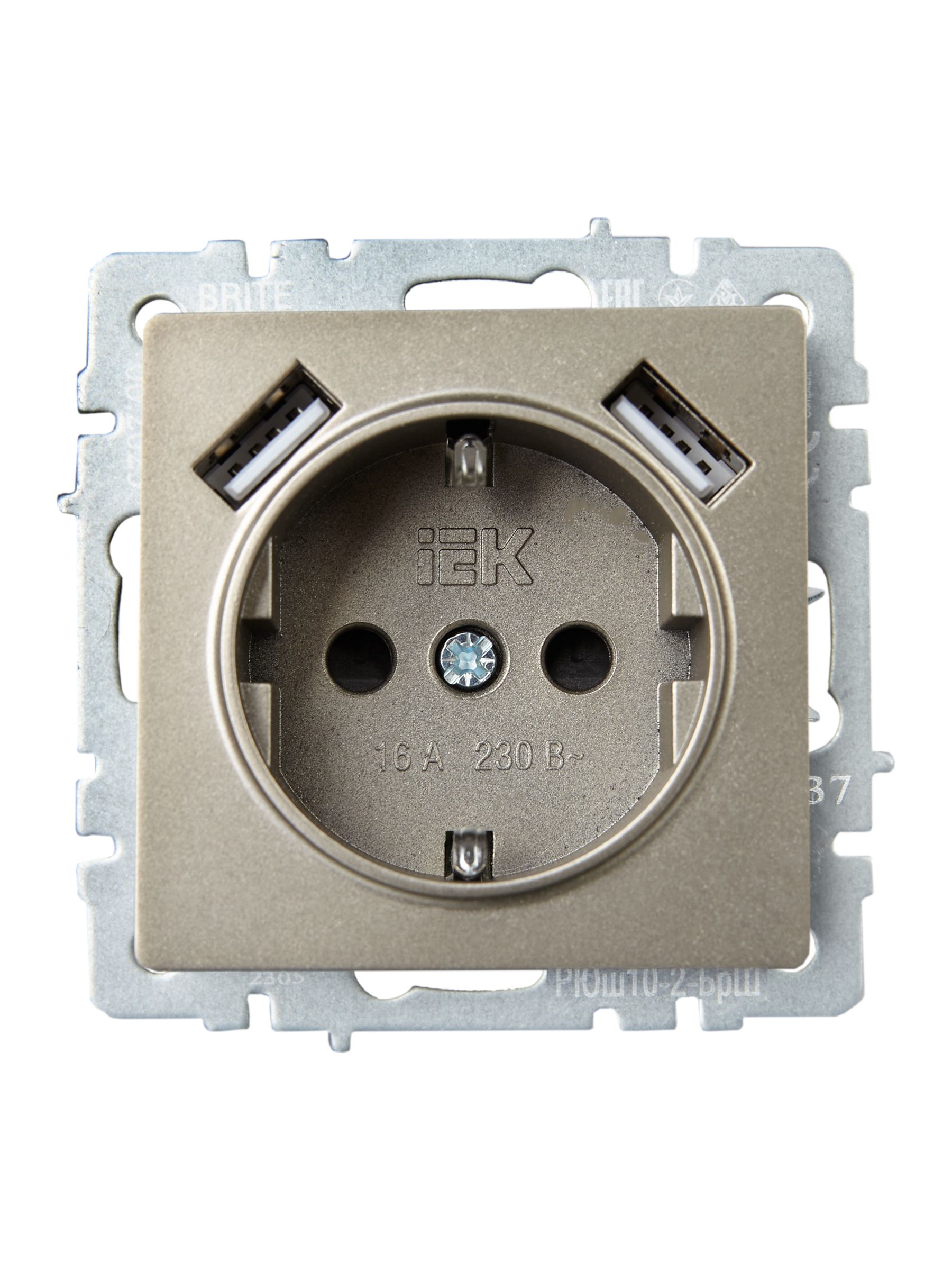 BRITE Розетка 1-местная с заземлением с защитными шторками 16А с USB A+A 5В 3,1А РЮш10-2-БрШ шампань IEK — фото