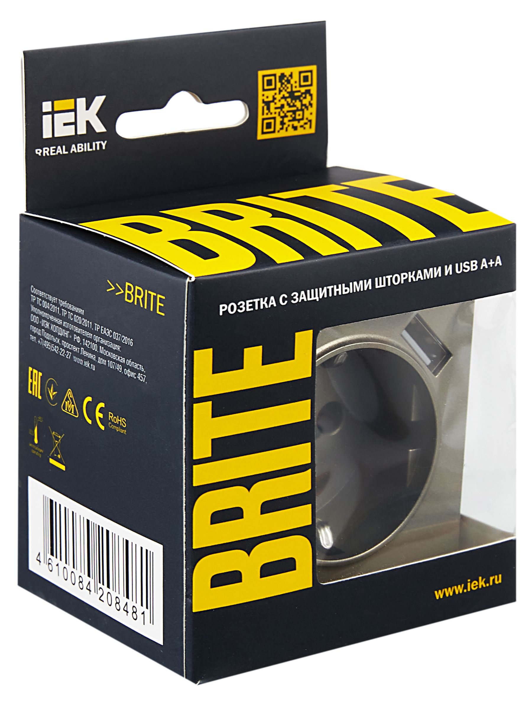 BRITE Розетка 1-местная с заземлением с защитными шторками 16А с USB A+A 5В 3,1А РЮш10-2-БрШ шампань IEK — фото
