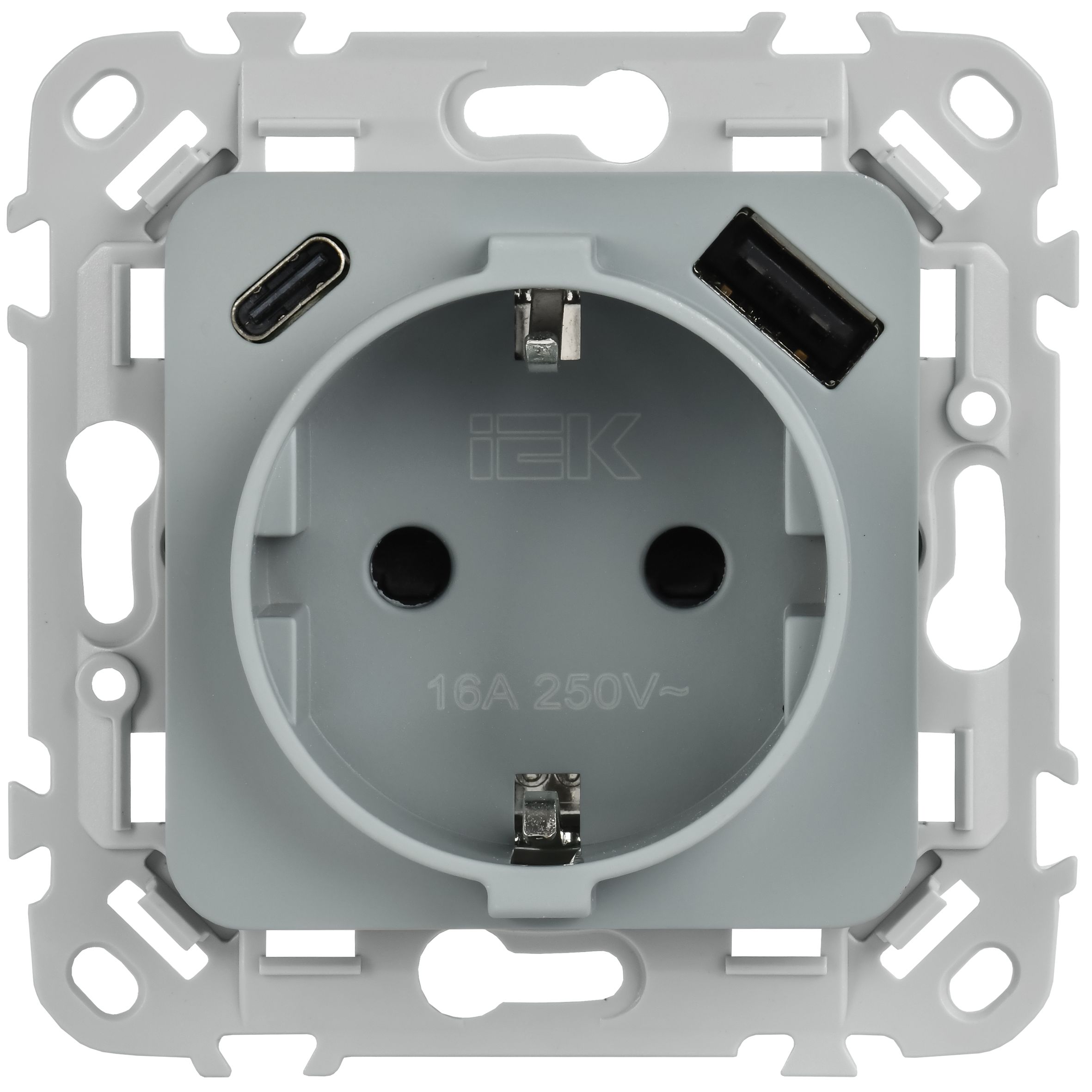FLITE Розетка 1-местная с заземлением с защитными шторками 16А с USB A+C 20Вт безвинтовое крепление РСЮшс11-1-ФлС серый IEK — фото