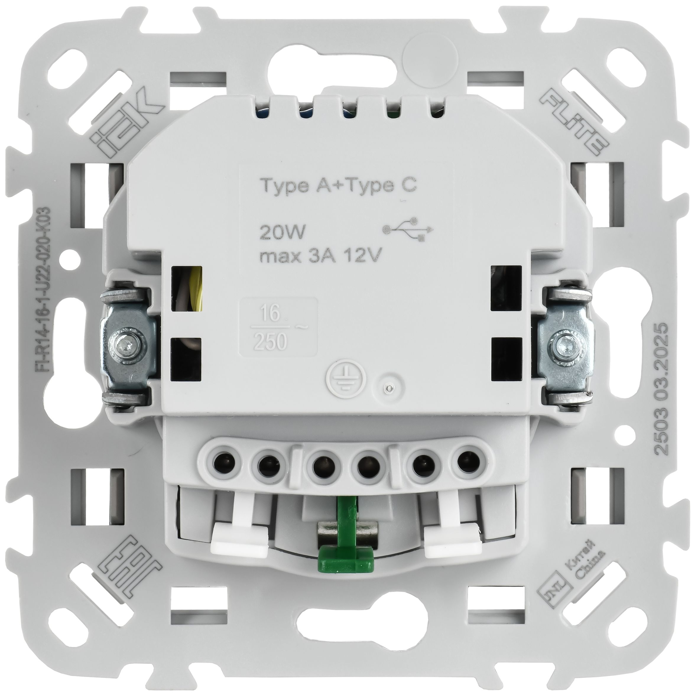 FLITE Розетка 1-местная с заземлением с защитными шторками 16А с USB A+C 20Вт безвинтовое крепление РСЮшс11-1-ФлС серый IEK — фото