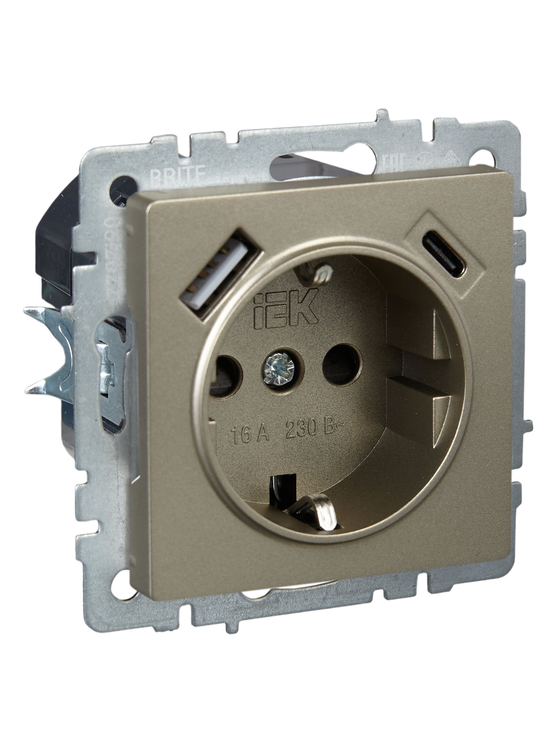BRITE Розетка 1-местная с заземлением с защитными шторками 16А с USB A+C 18Вт РЮш11-1-БрШ шампань IEK — фото