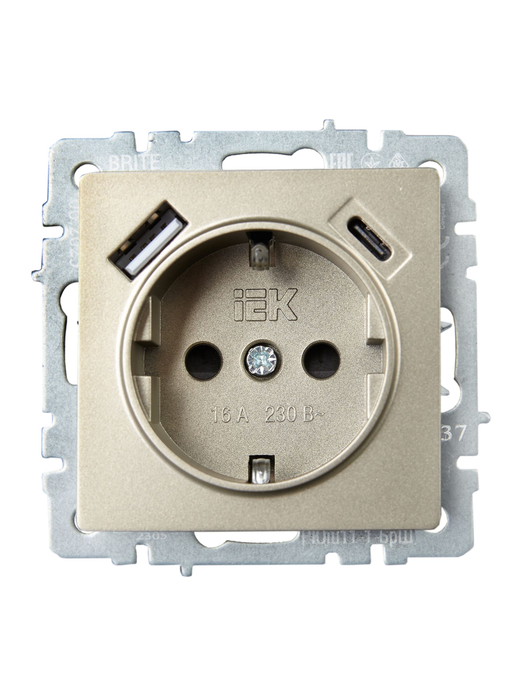 BRITE Розетка 1-местная с заземлением с защитными шторками 16А с USB A+C 18Вт РЮш11-1-БрШ шампань IEK — фото
