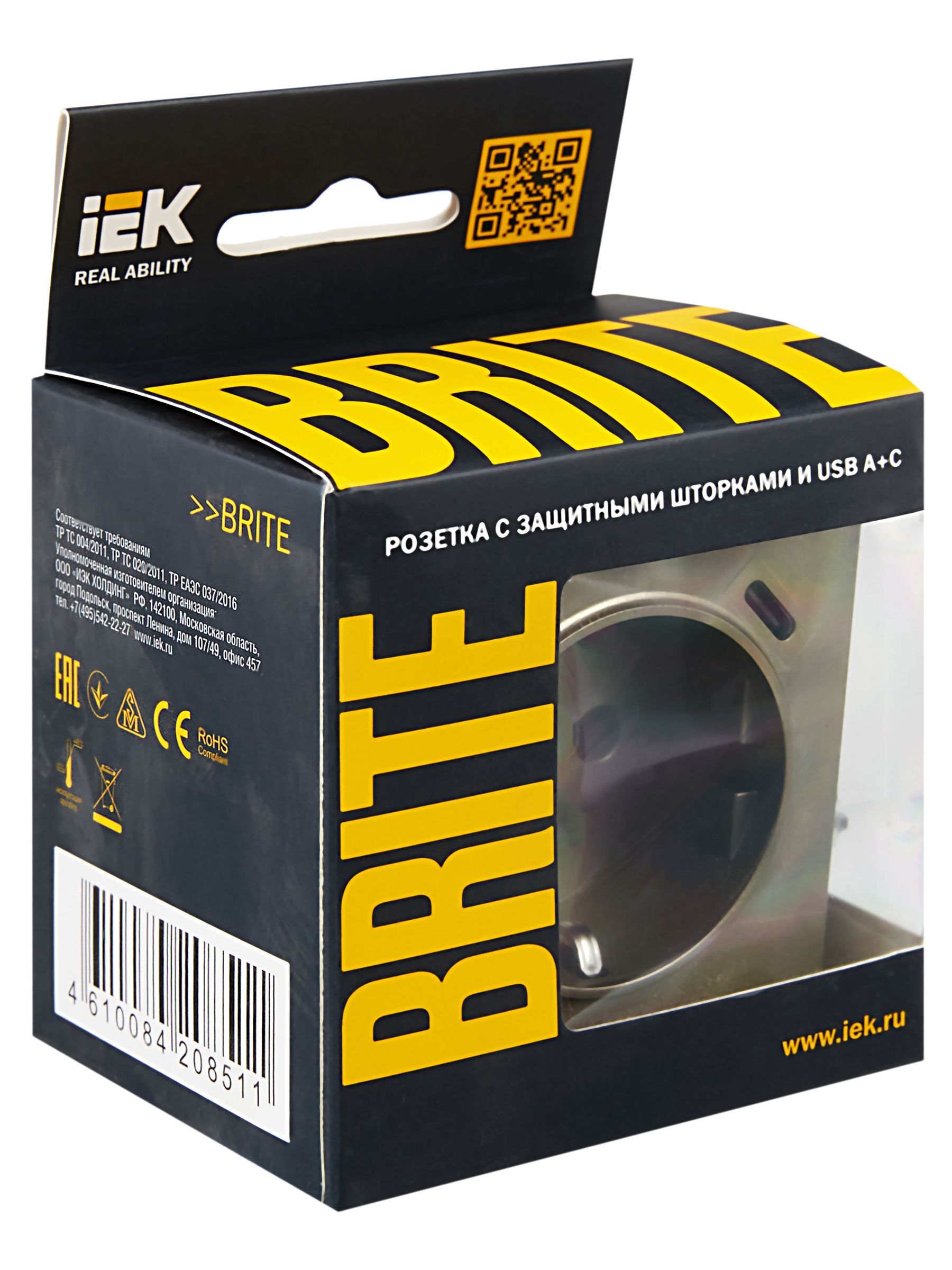 BRITE Розетка 1-местная с заземлением с защитными шторками 16А с USB A+C 18Вт РЮш11-1-БрШ шампань IEK — фото