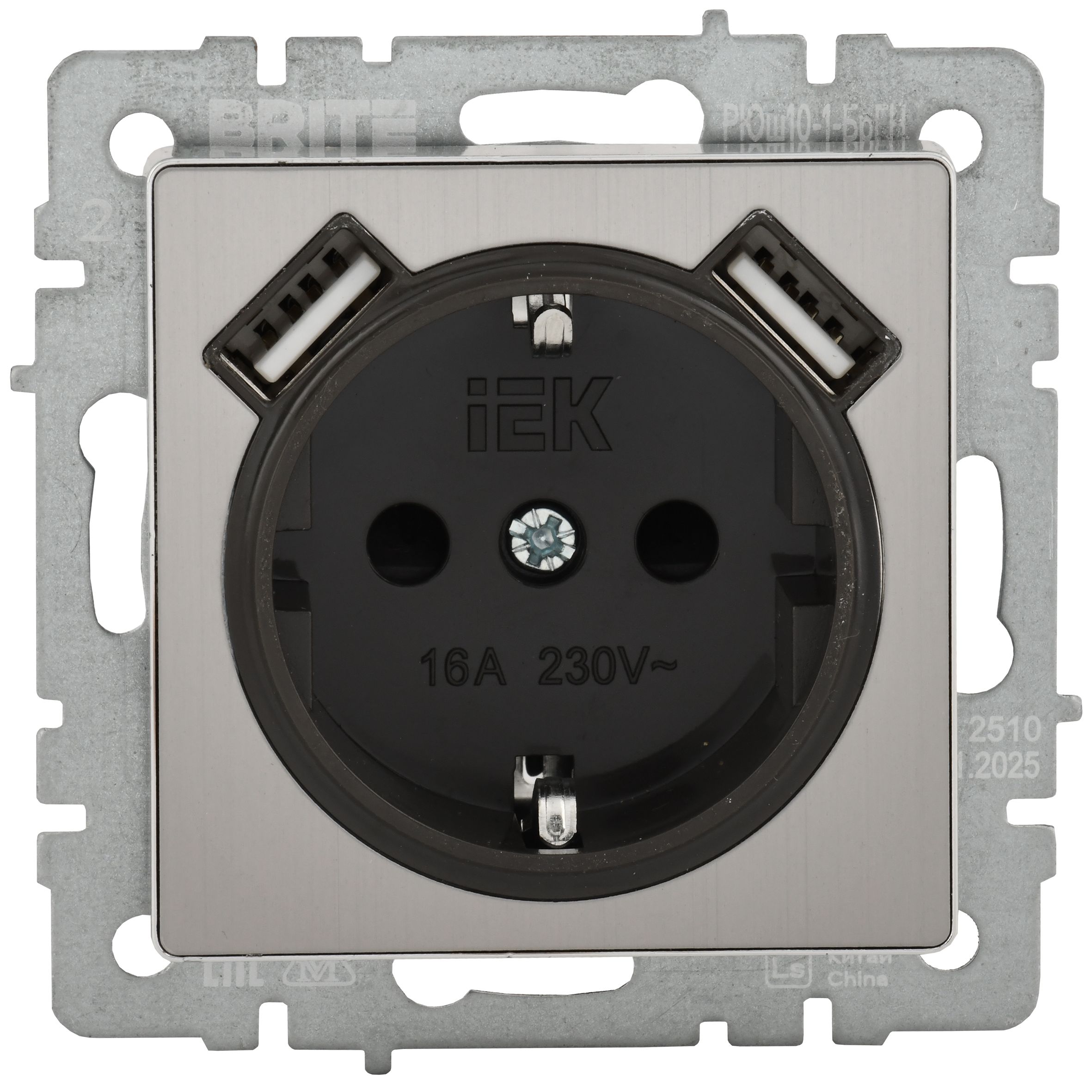 BRITE Розетка 1-местная с заземлением с защитными шторками 16А с USB A+A 5В 2,1А РЮш10-1-БрГН металл хром/никель IEK — фото