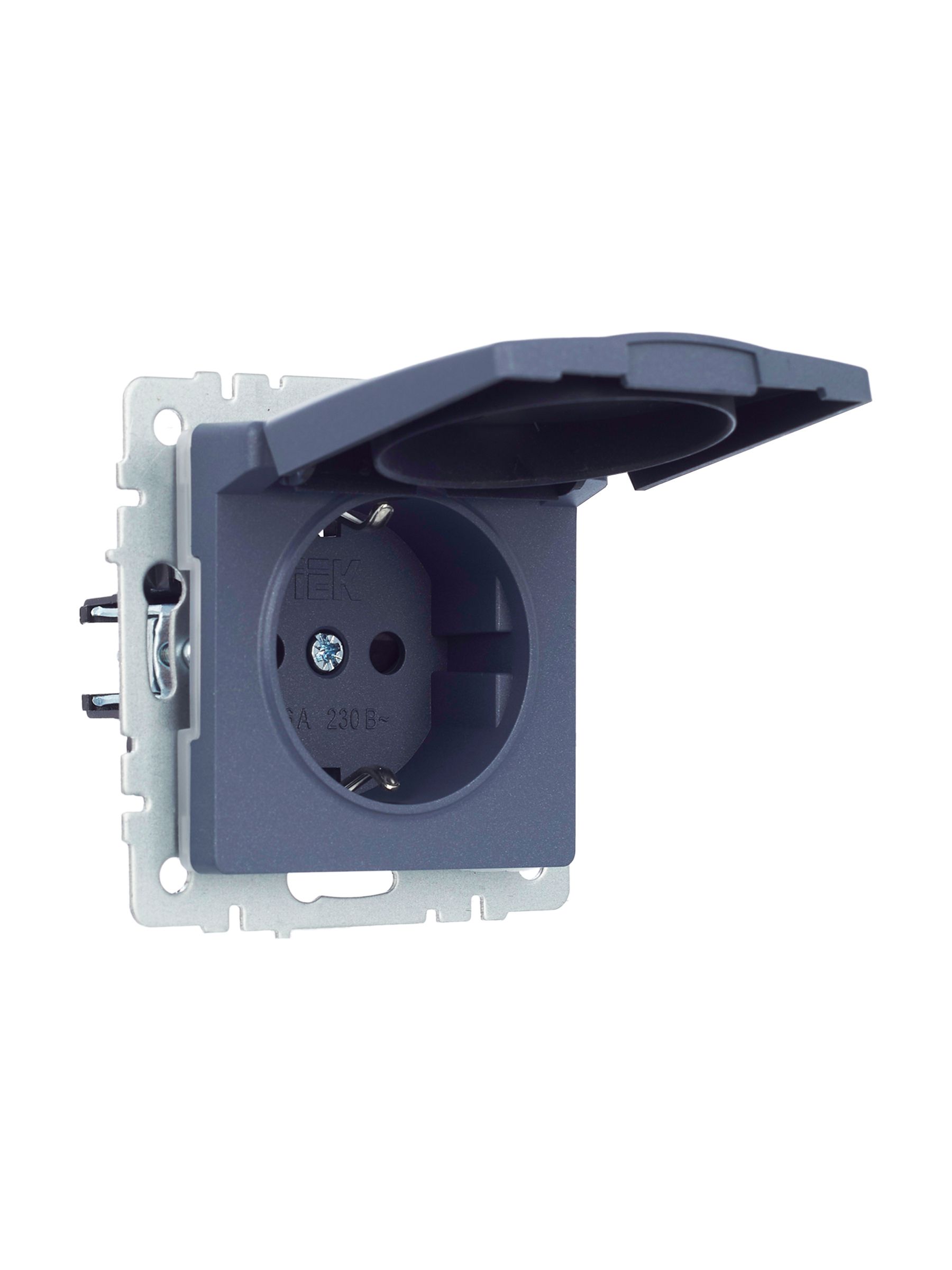 BRITE Розетка 1-местная с заземлением с защитными шторками и крышкой 16А IP44 РСбш10-3-44-БрМ маренго IEK — фото
