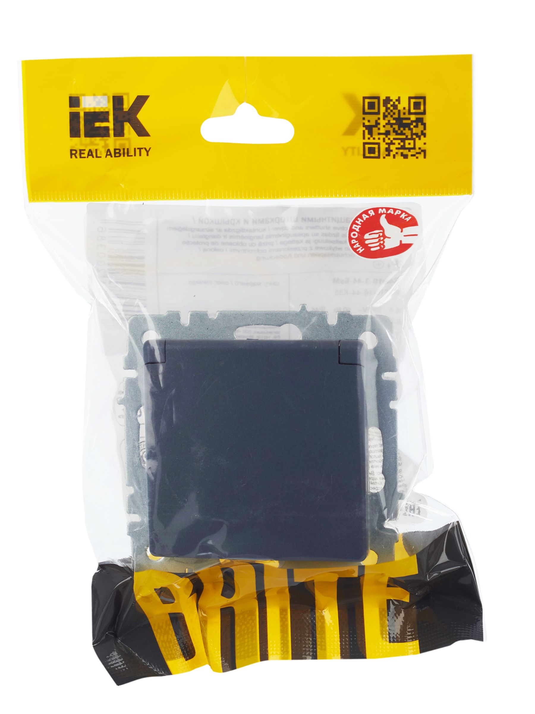 BRITE Розетка 1-местная с заземлением с защитными шторками и крышкой 16А IP44 РСбш10-3-44-БрМ маренго IEK — фото
