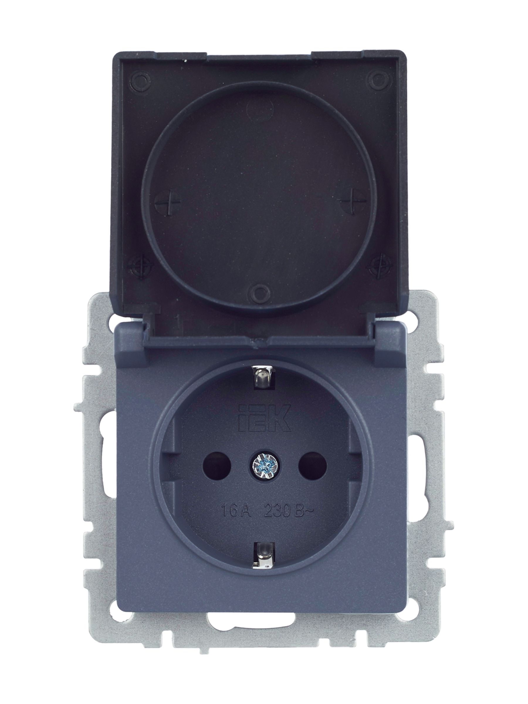 BRITE Розетка 1-местная с заземлением с защитными шторками и крышкой 16А IP44 РСбш10-3-44-БрМ маренго IEK — фото
