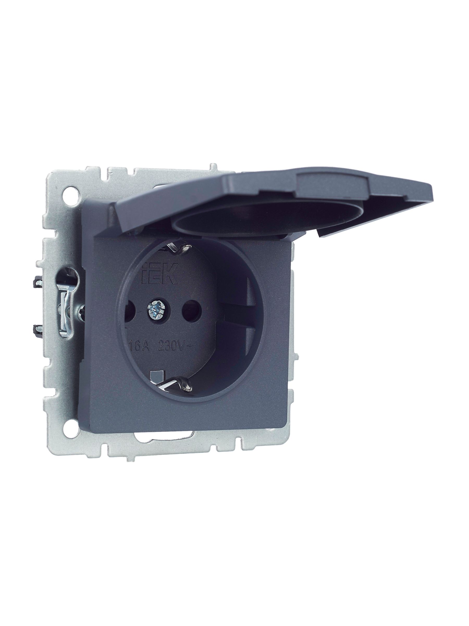 BRITE Розетка 1-местная с заземлением с защитными шторками и крышкой 16А IP20 РСбш10-3-БрМ маренго IEK — фото