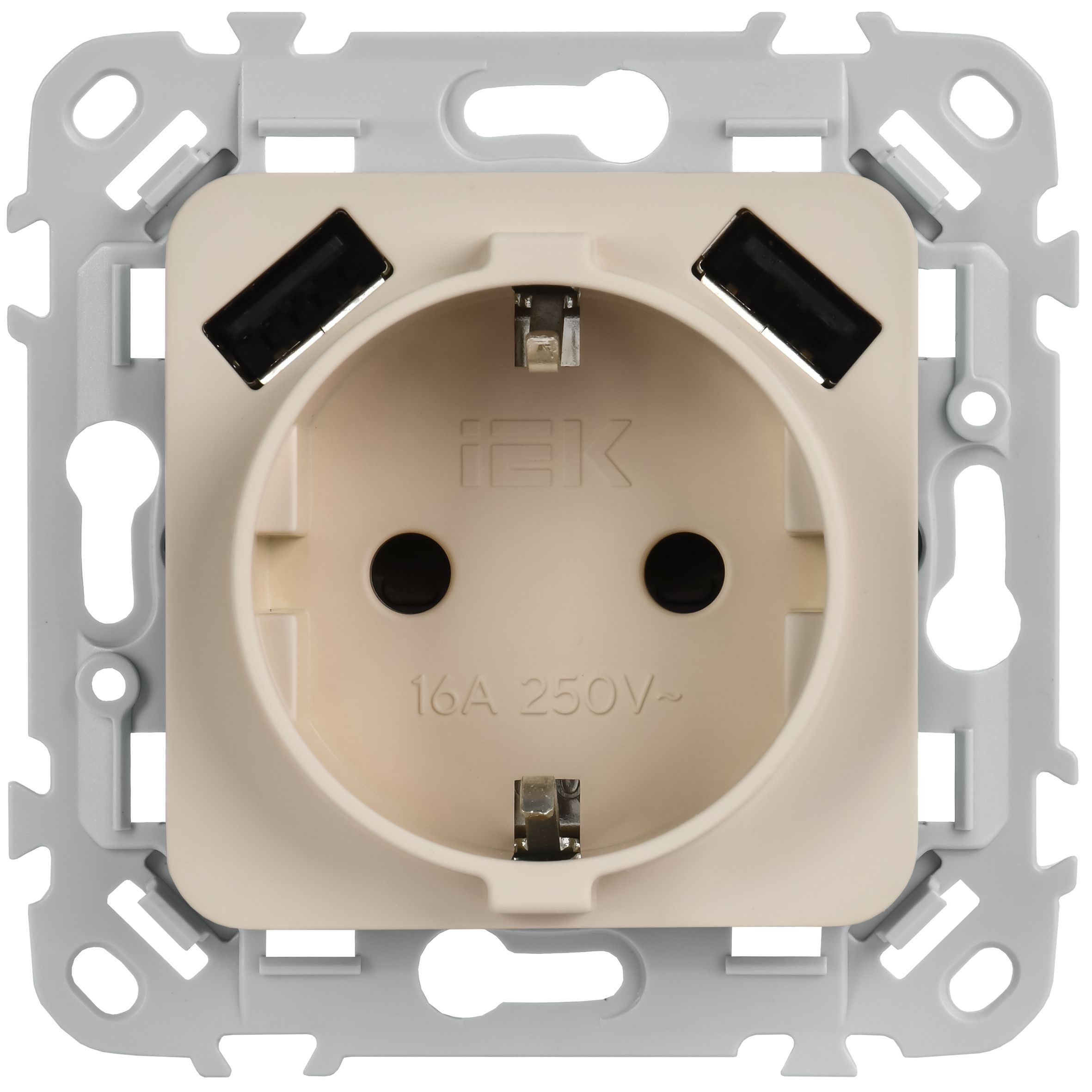 FLITE Розетка 1-местная с заземлением с защитными шторками 16А с USB A+A 3,1А безвинтовое крепление РСЮша11-1-ФлЛ льняной IEK — фото