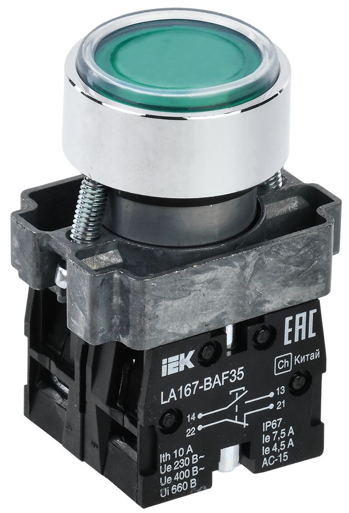 Кнопка управления LA167-BAF35 d=22мм 1NO+1NC зеленая IEK