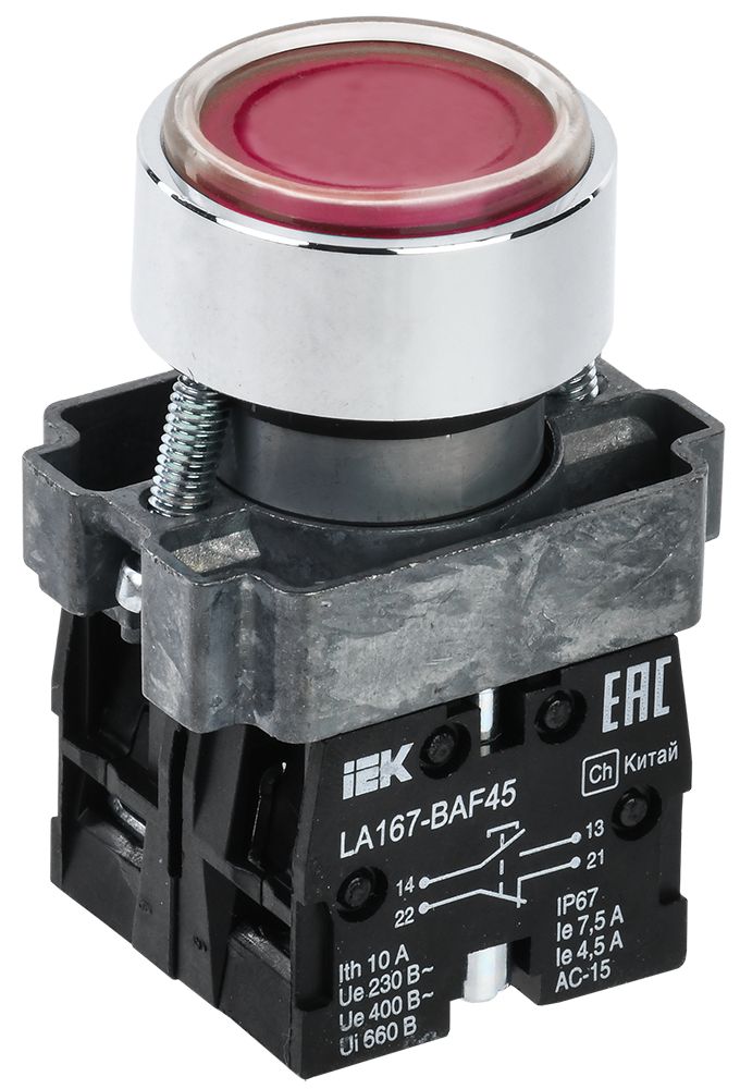 Кнопка управления LA167-BAF45 d=22мм 1NO+1NC красная IEK