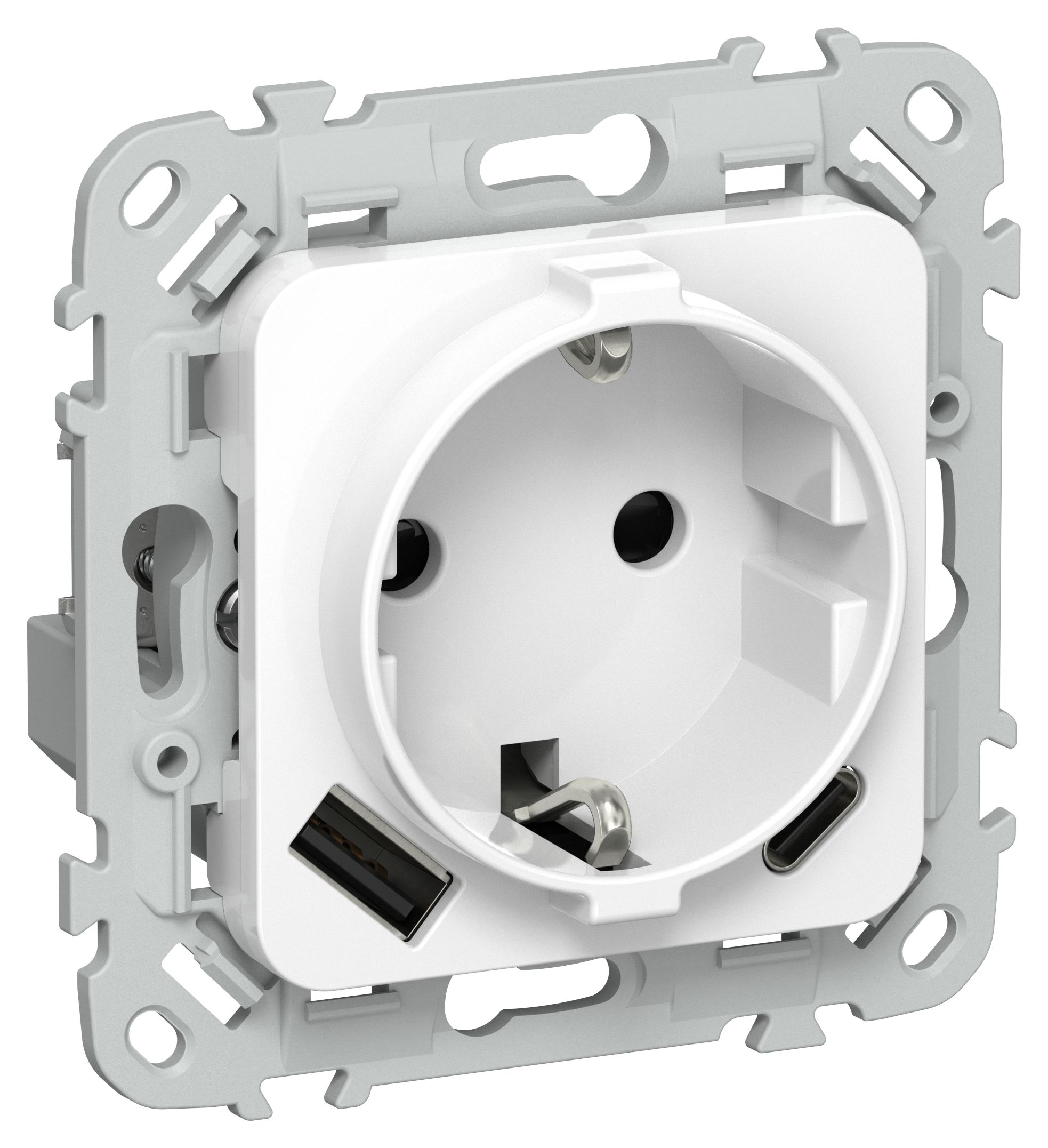 FLITE Розетка 1-местная с заземлением с защитными шторками 16А с USB A+C 20Вт безвинтовое крепление РСЮшс11-1-ФлБ белый IEK — фото